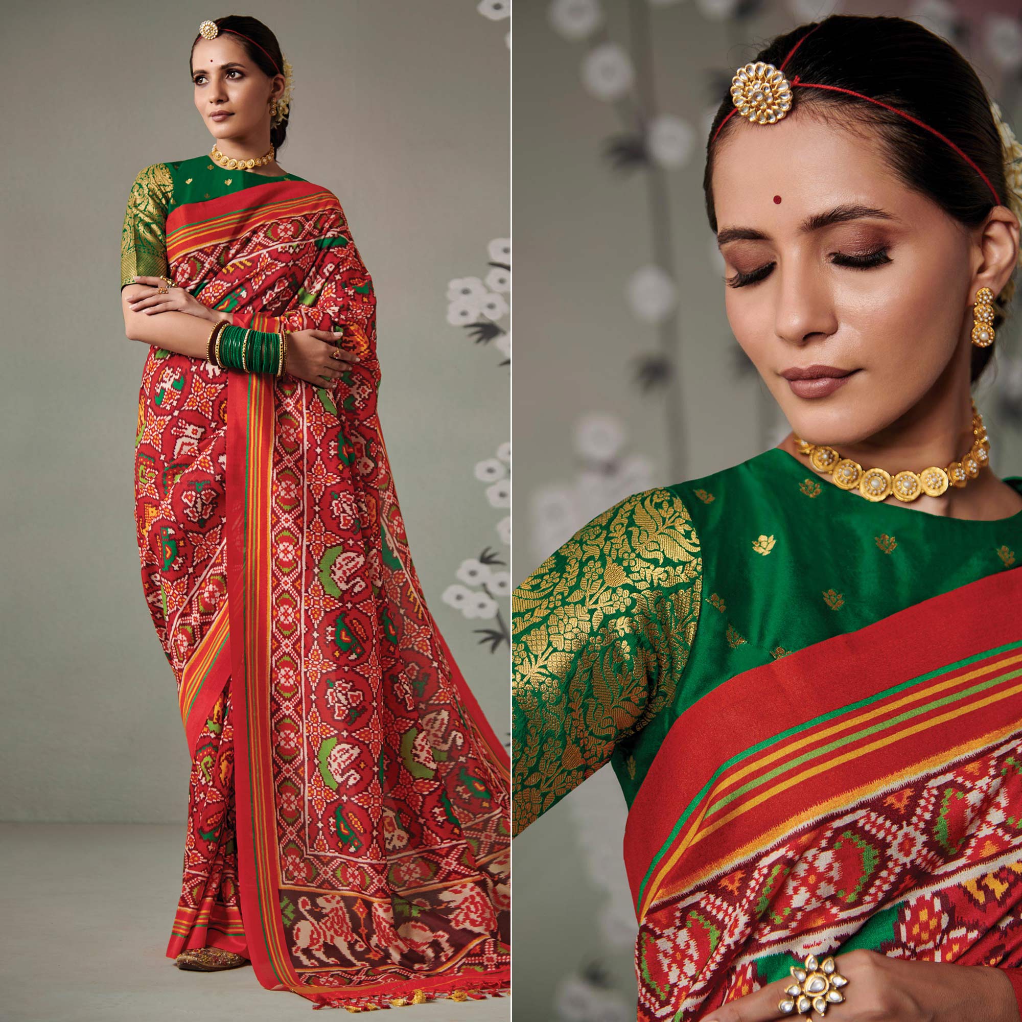 Red Printed Patola Art Silk Saree With Tassels