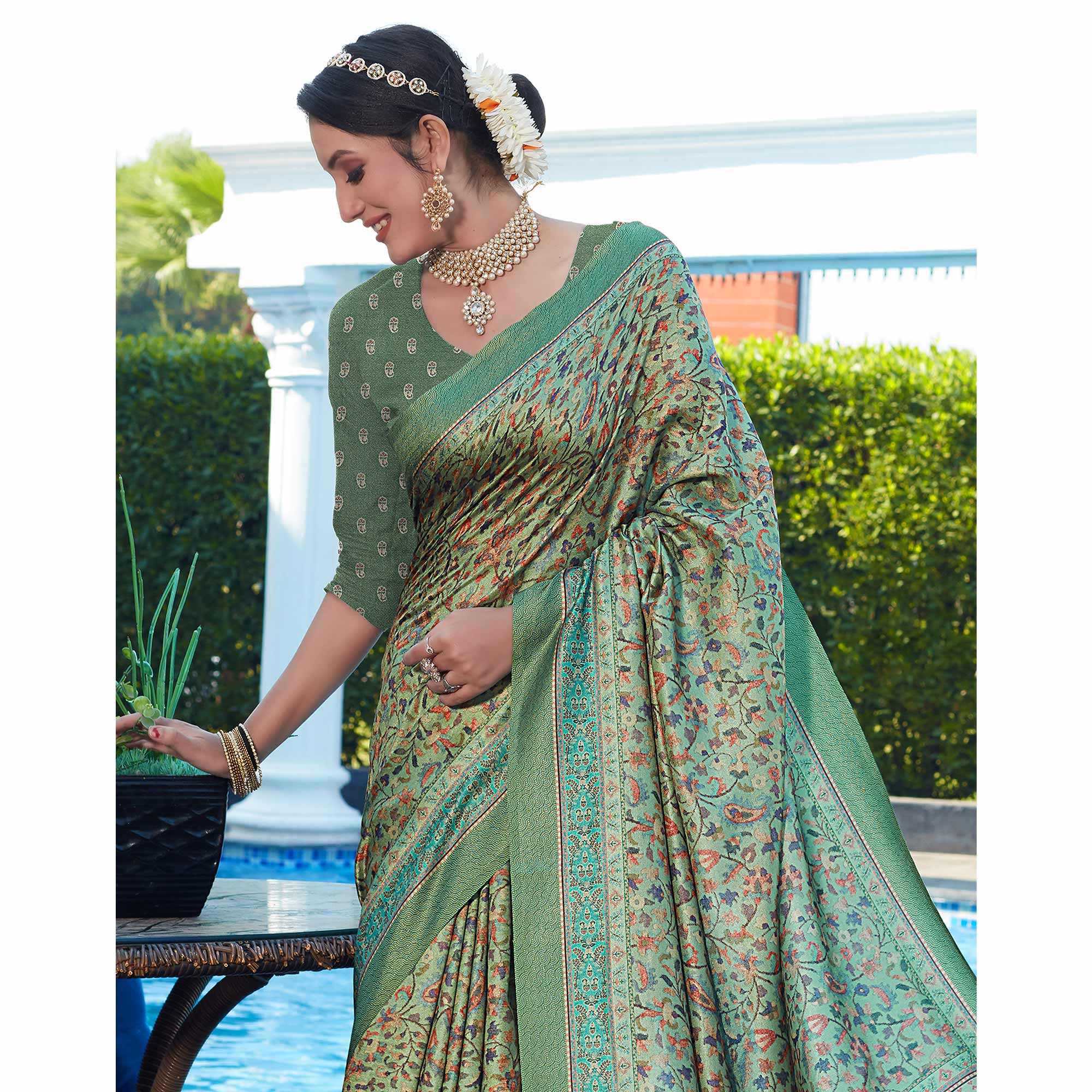 Sea Green Digital Printed Pashmina Saree