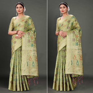Green Woven Organza Saree With Tassels
