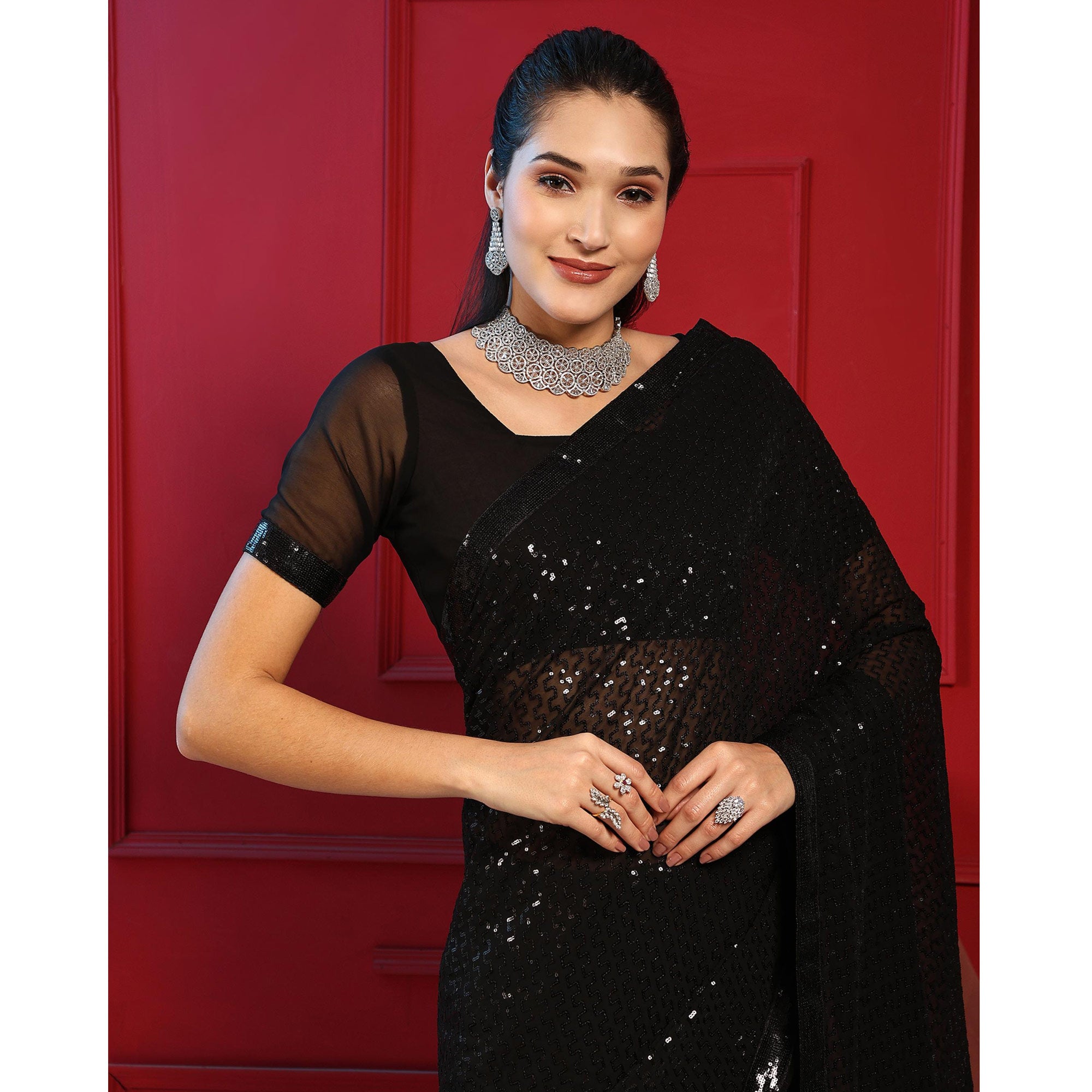 Black Sequins Embroidered Georgette Saree