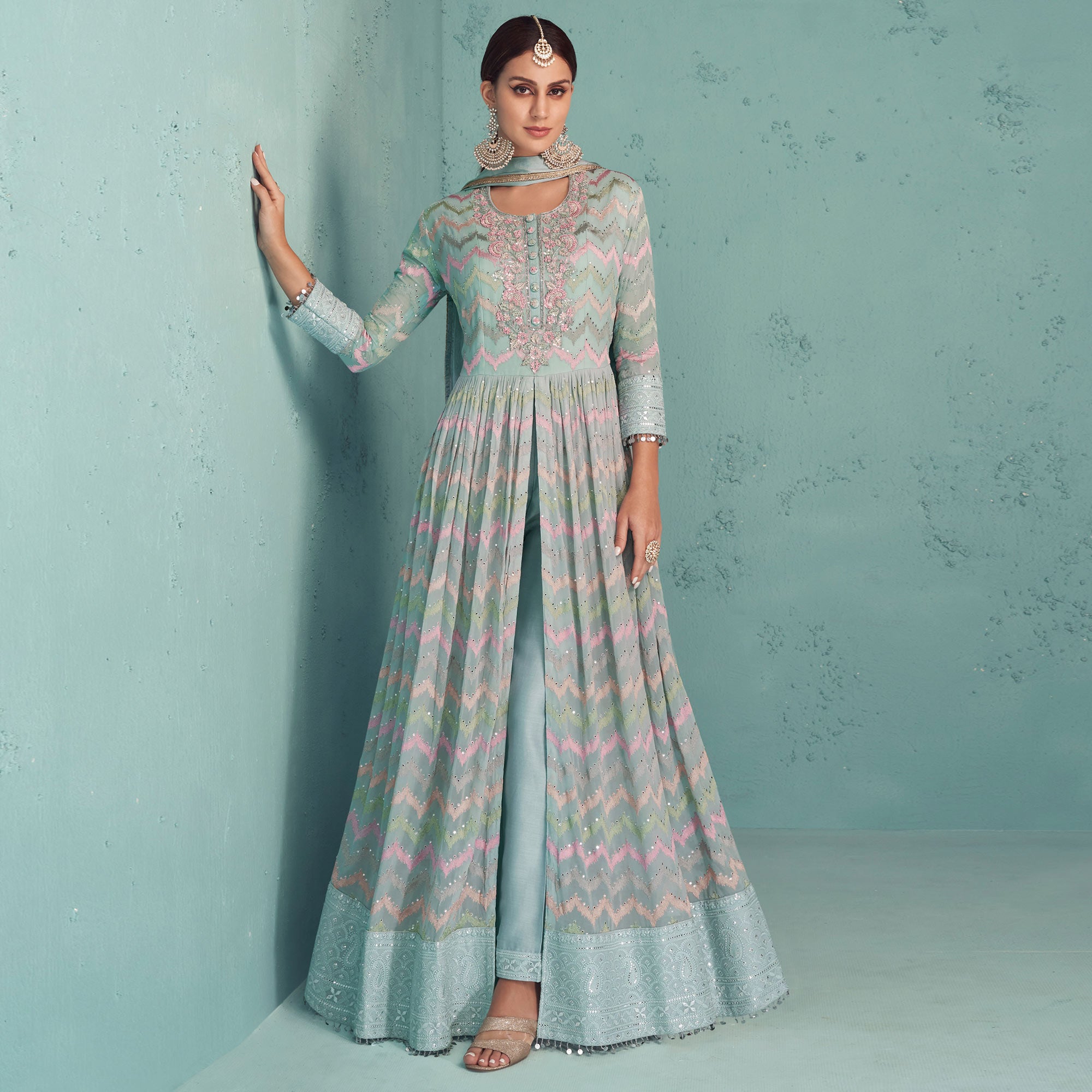 Blue Sequins Floral Embroidered Georgette Suit