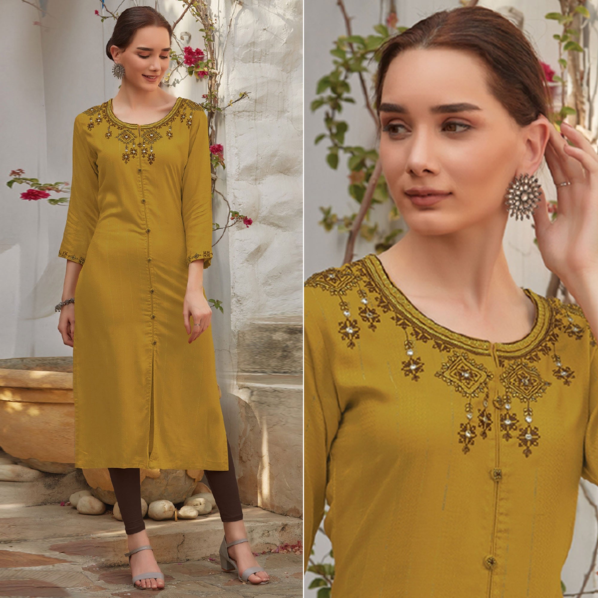 Mustard Floral Embroidered Cotton Blend Kurti