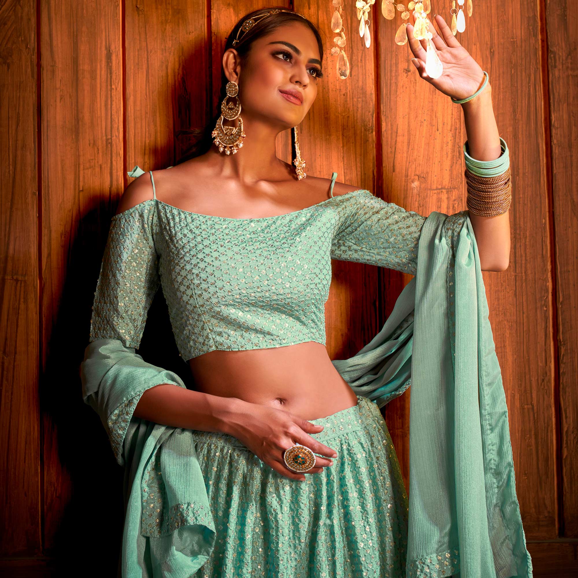 Sea Green Sequins Embroidered Chiffon Lehenga Choli