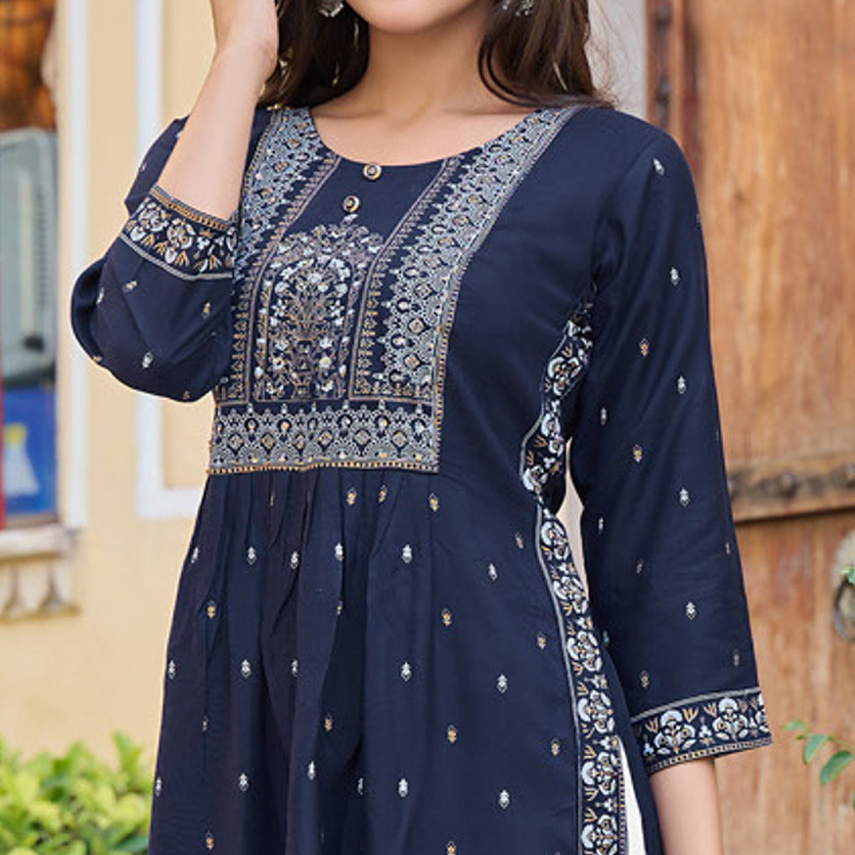 Navy Blue Printed Rayon Naira Cut Kurti