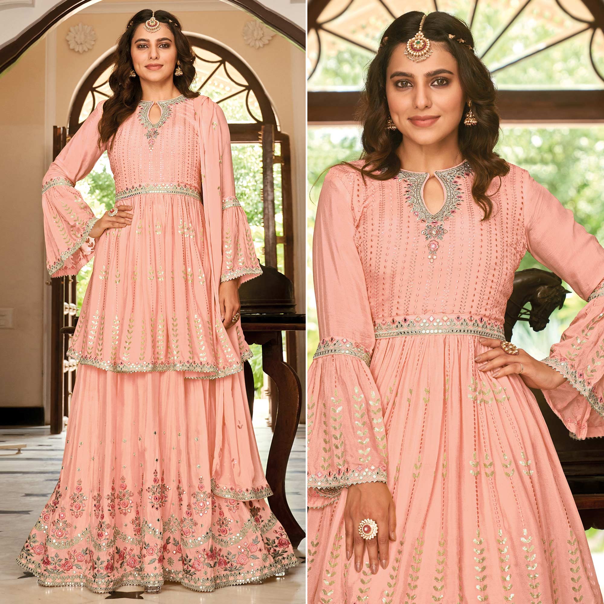Peach Floral Sequins Embroidered Chiffon Sharara Suit