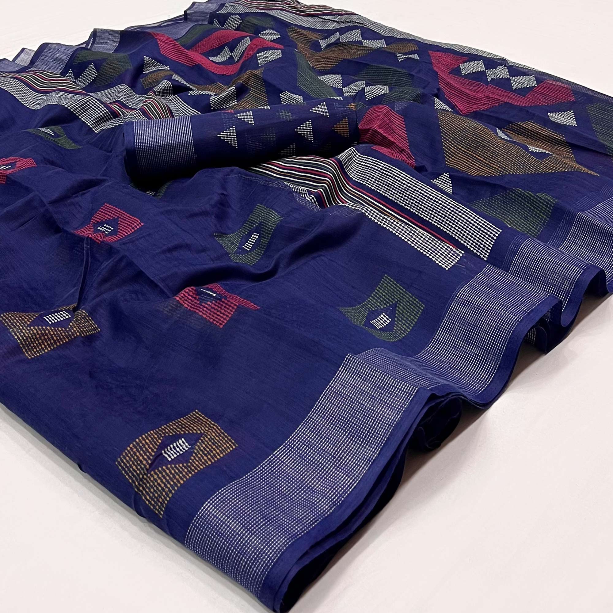 Blue Geometric Printed Cotton Blend Saree