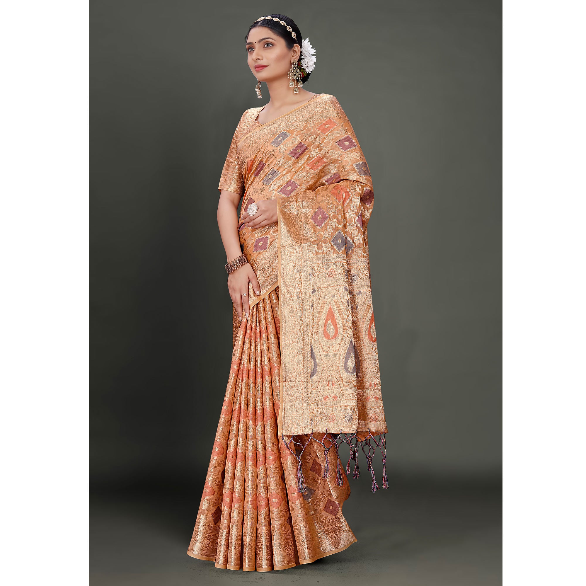 Dark Peach Woven Organza Saree With Tassels