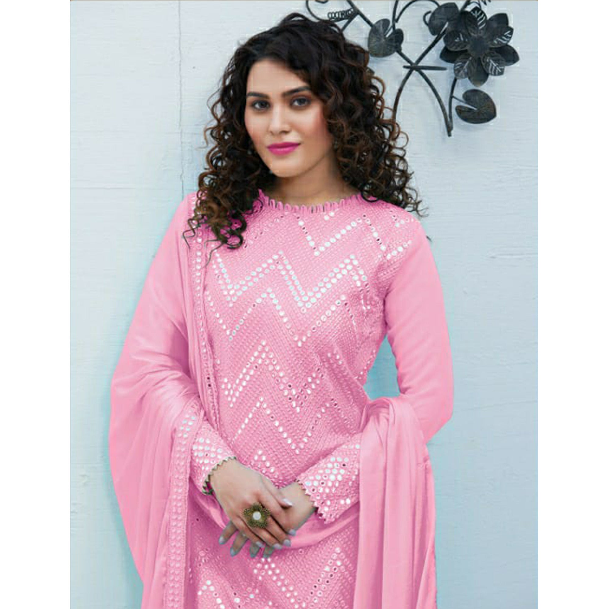 Pink Mirror Embroidered Georgette Suit