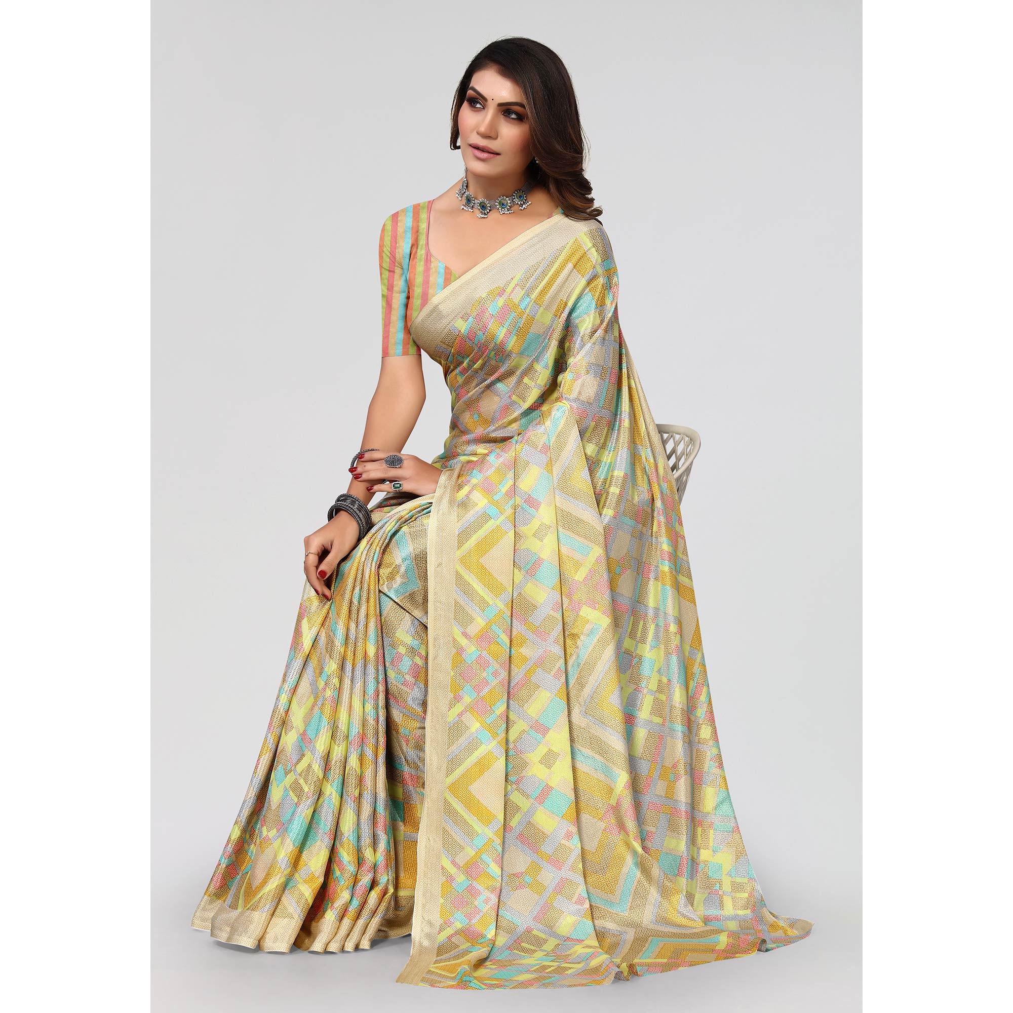 Beige Geometric Printed Chiffon Saree