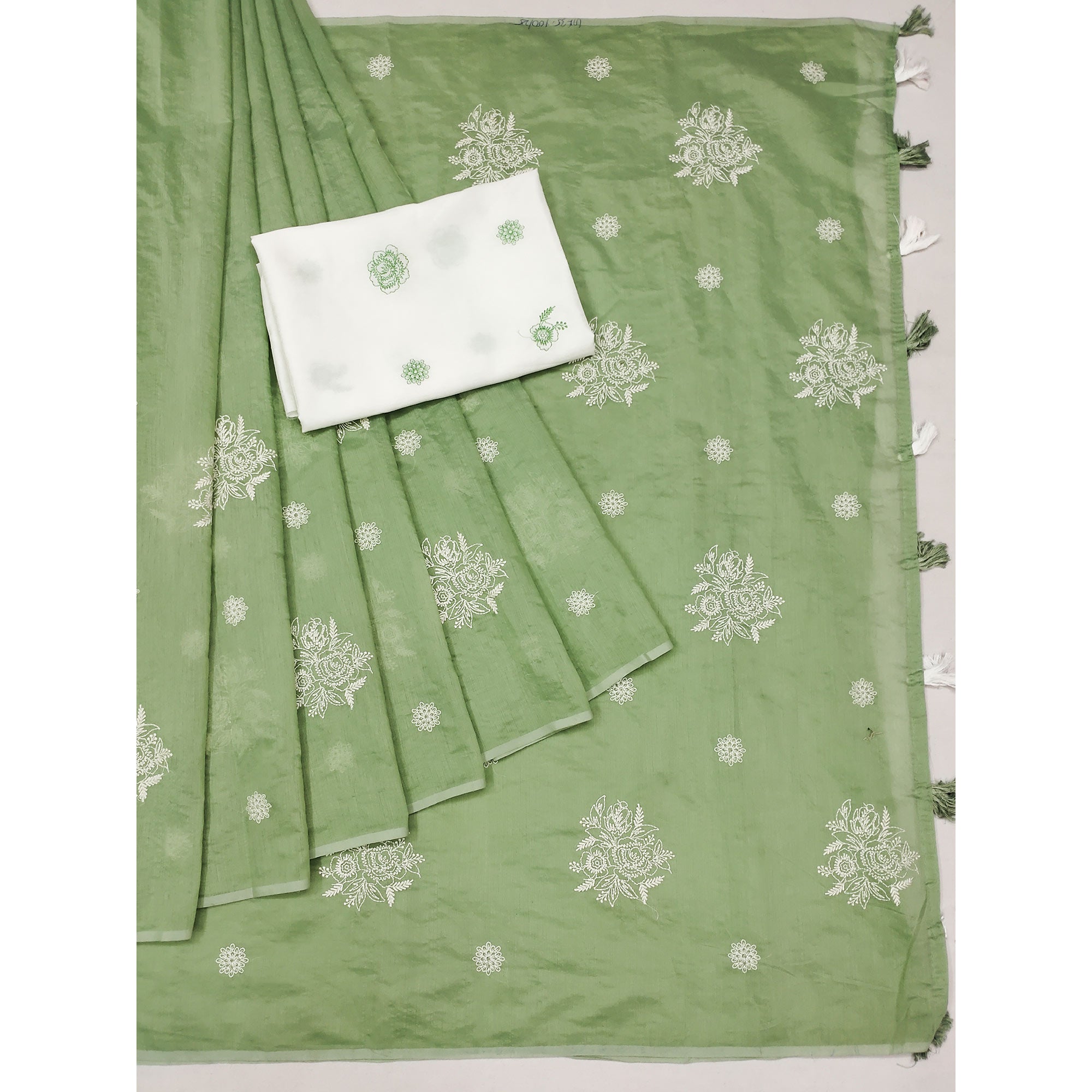 Green Floral Embroidered Chanderi Saree With Tassels