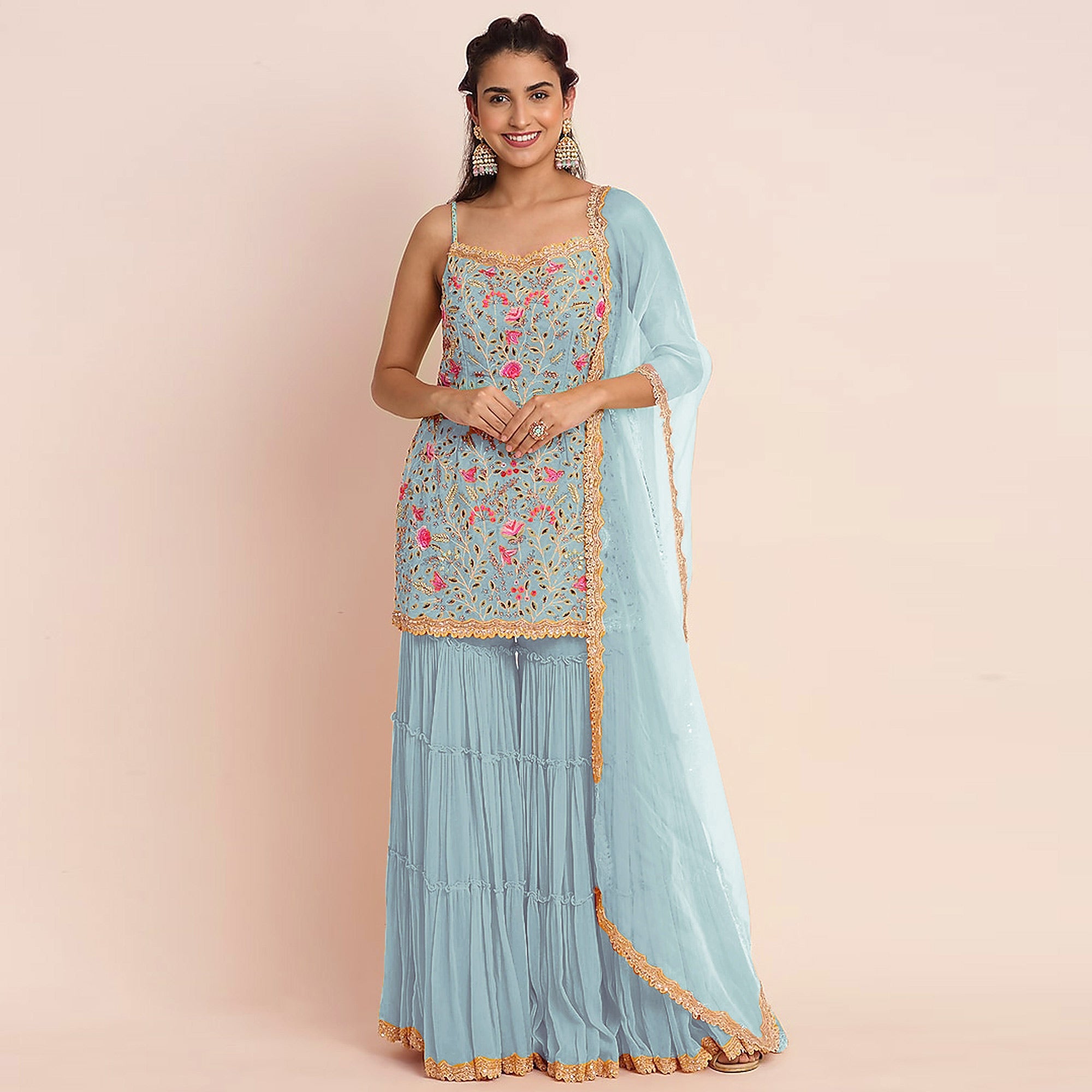 Blue Floral Sequins Embroidered Georgette Sharara Suit