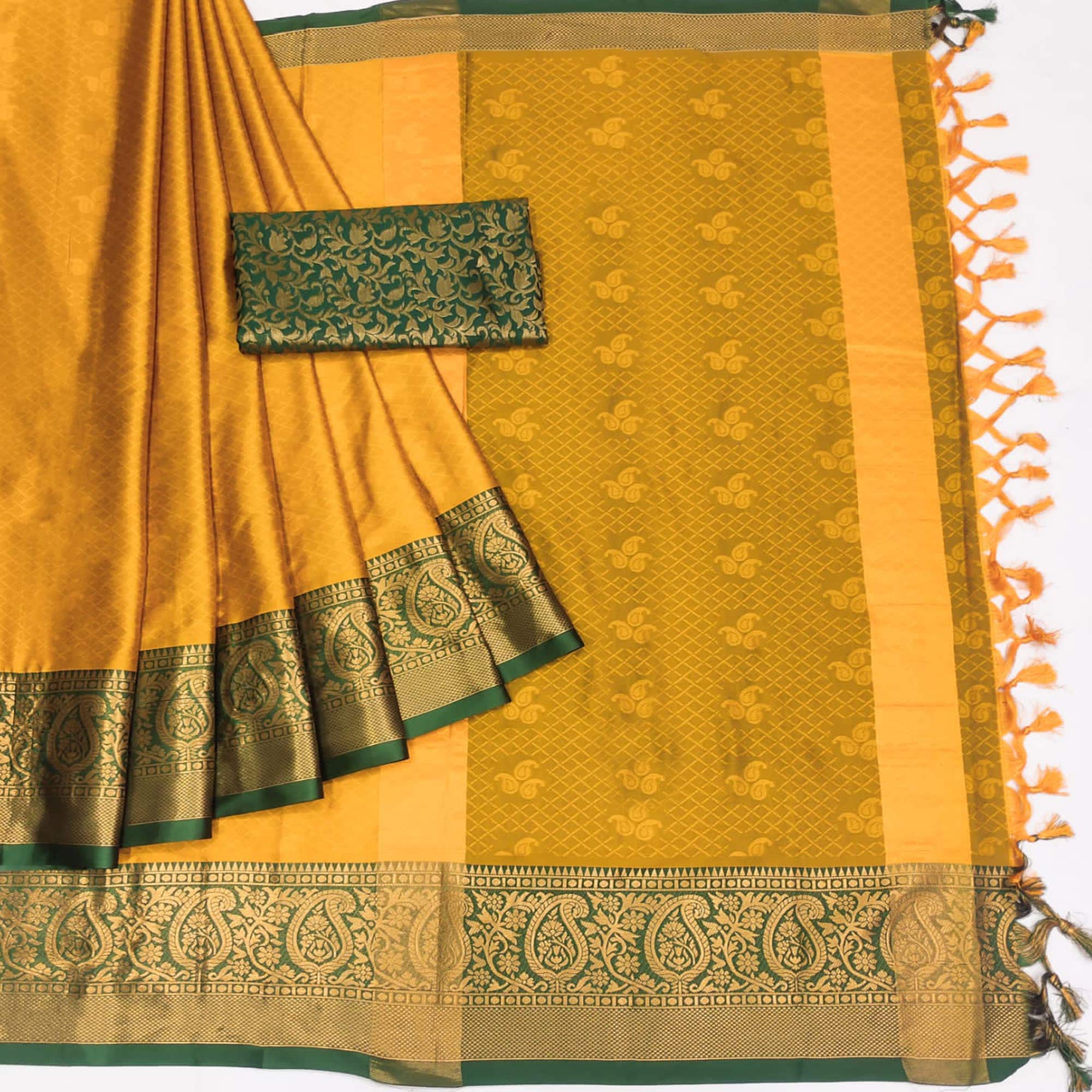 Golden Woven Cotton Silk Saree With Tassels