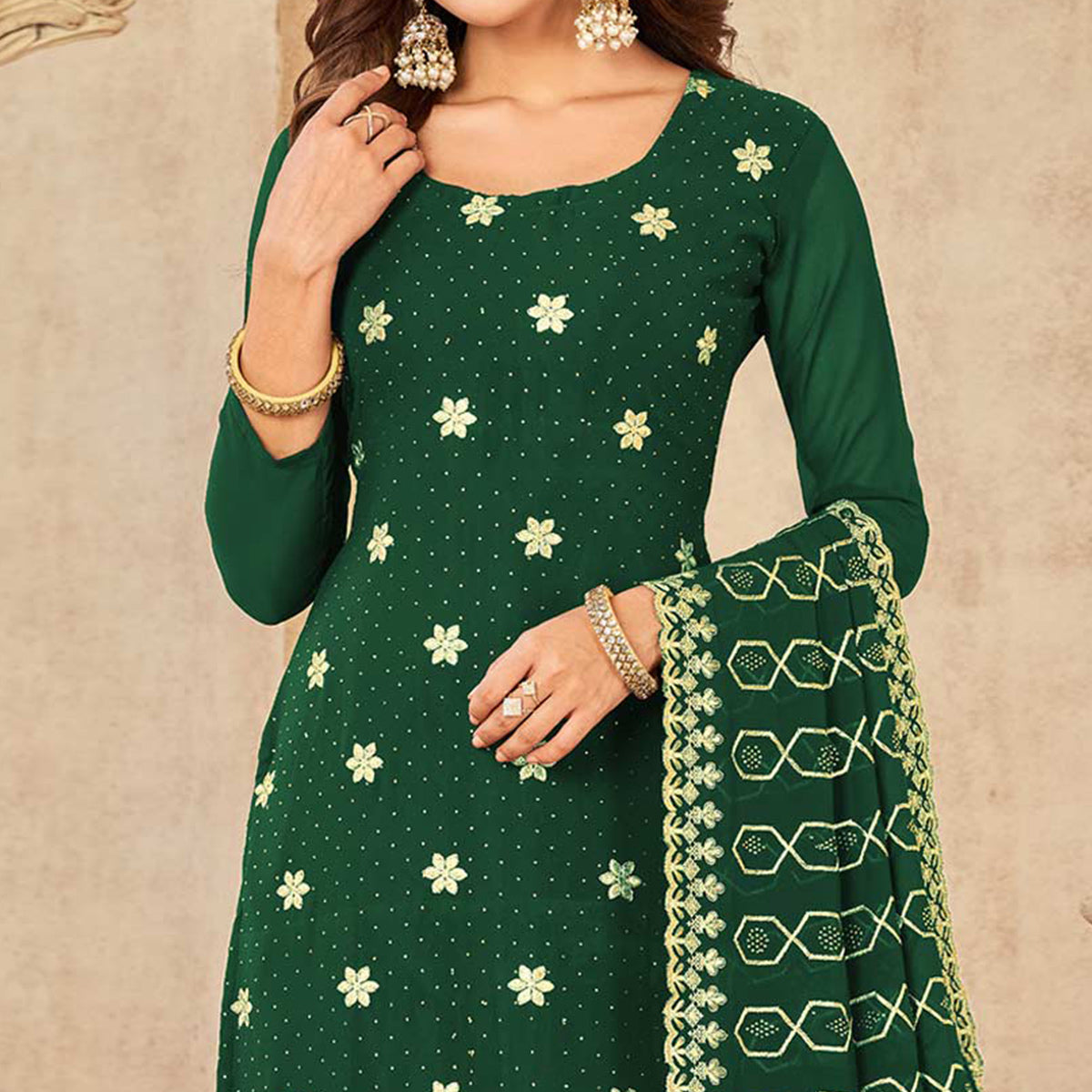 Green Embroidered Georgette Suit