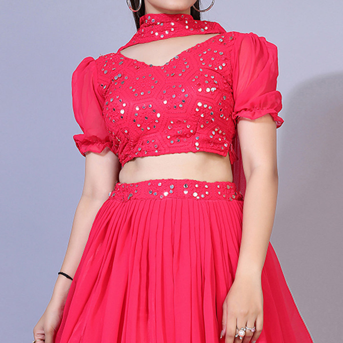 Pink Mirror Embroidered Georgette Lehenga Choli