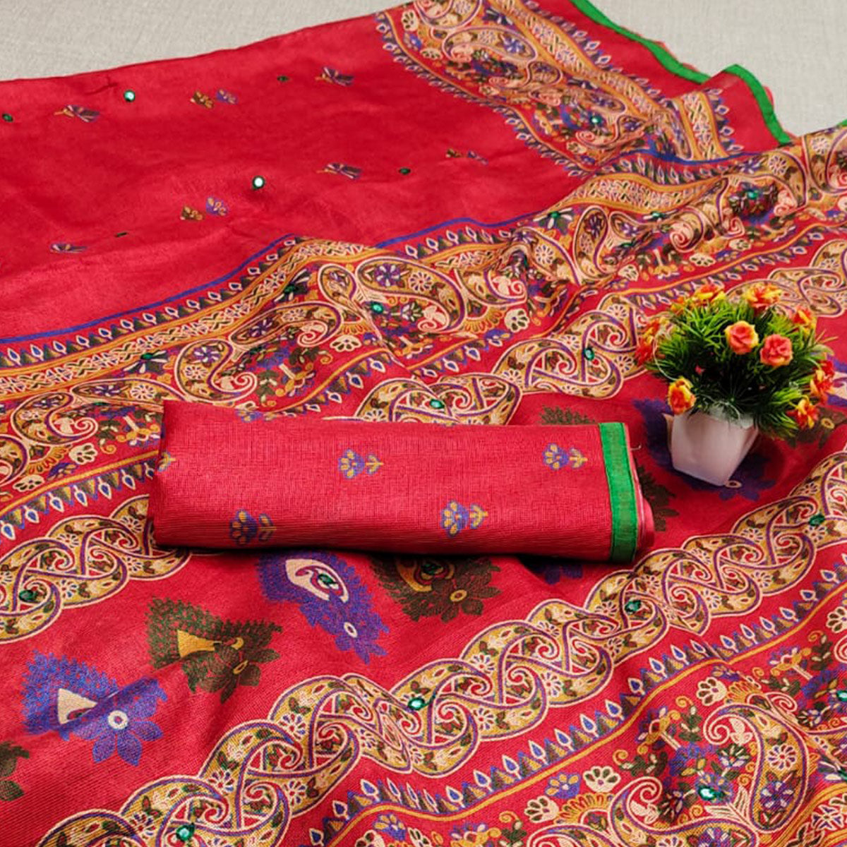 Red Printed Cotton Blend Saree With Tassels