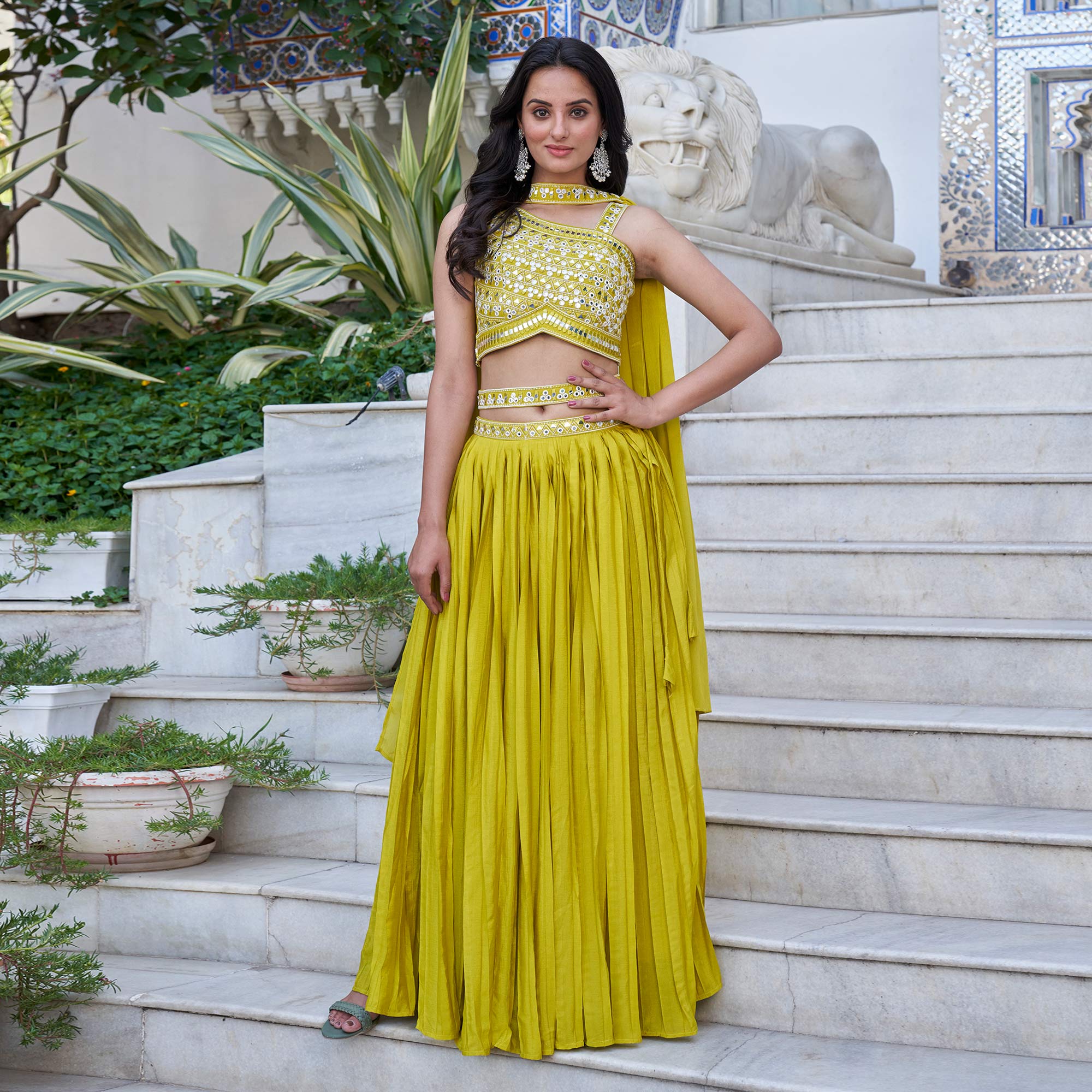 Lemon Green Embroidered Chiffon Plated Lehenga Choli