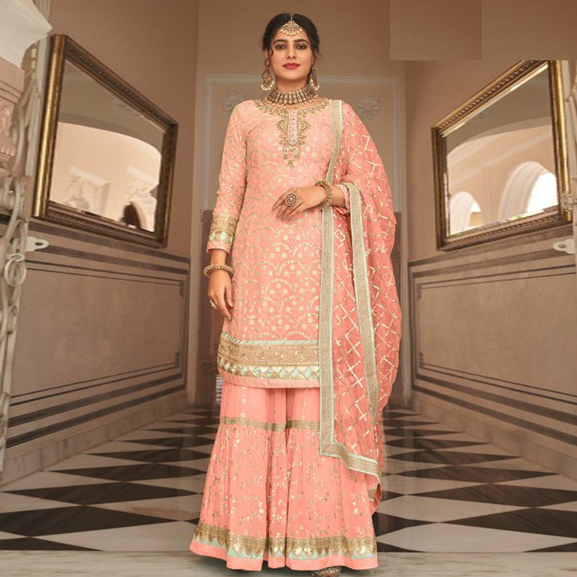 Baby Pink Woven Georgette Sharara Suit