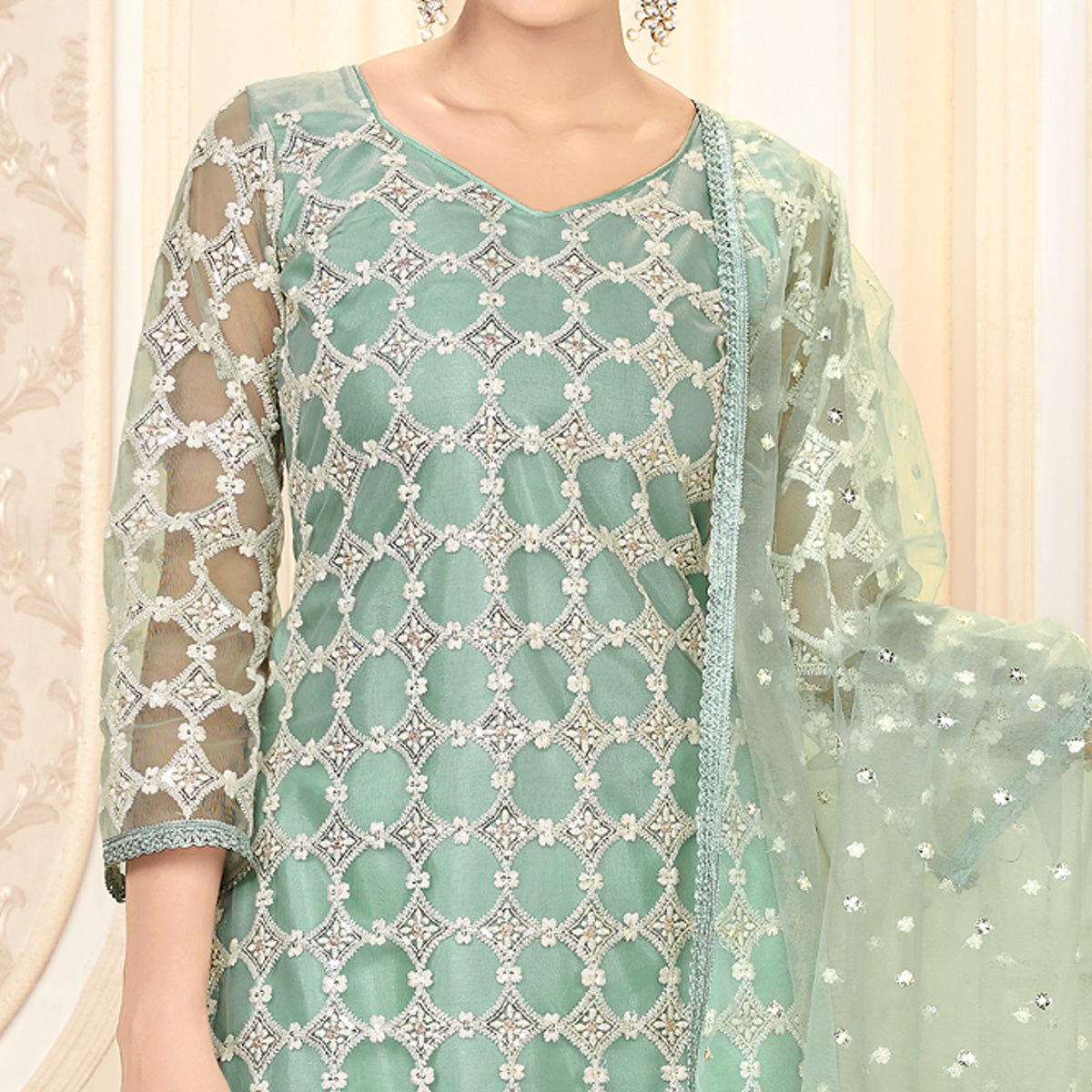 Turquoise Sequins Embroidered Net Semi Stitched Suit