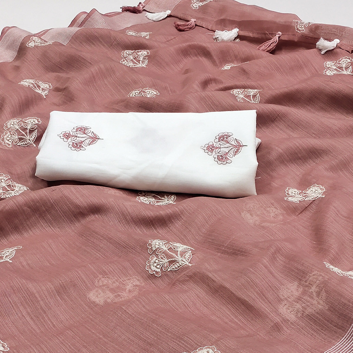 Mauve Floral Embroidered Raw Silk Saree