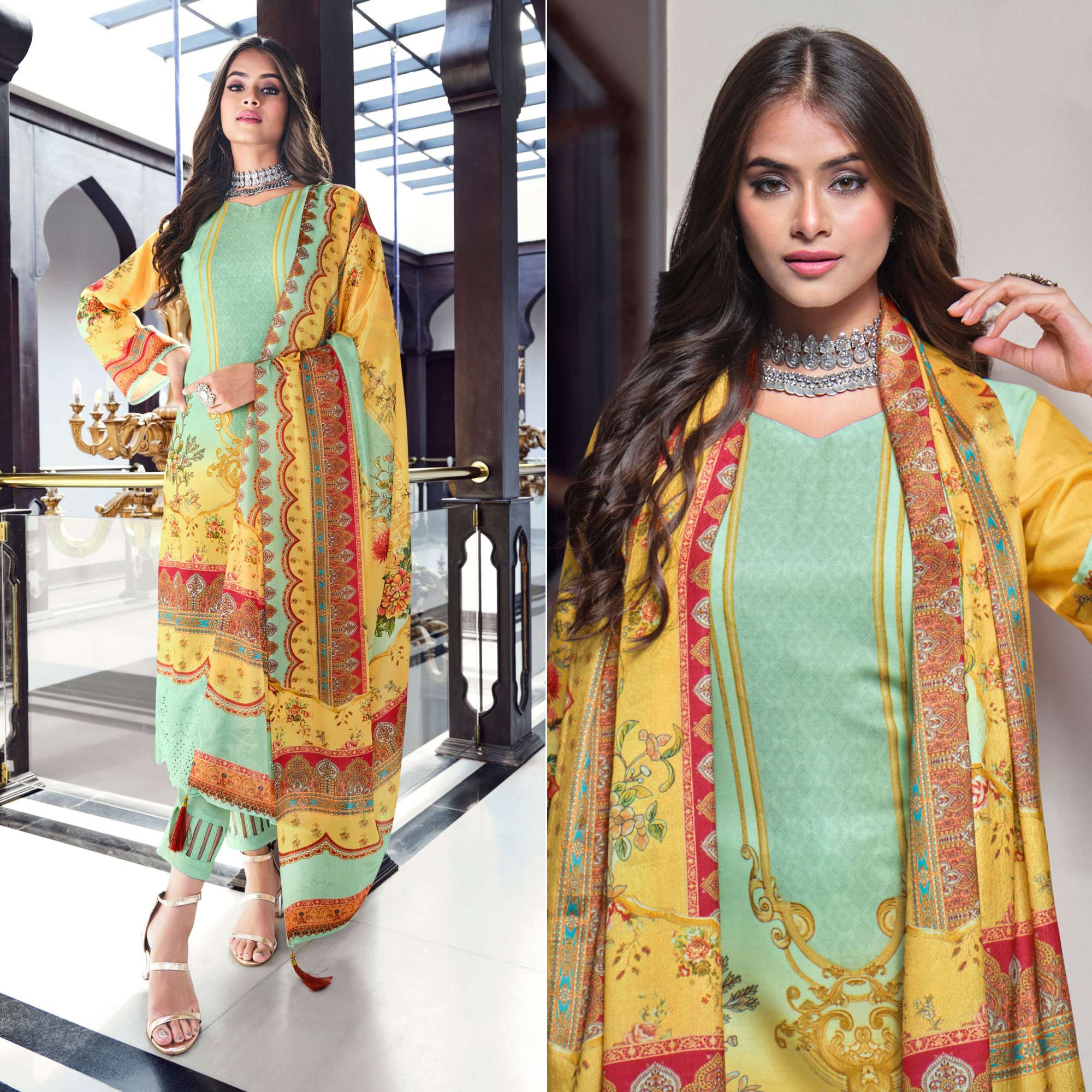 Sea Green And Yellow Digital Printed With Daman Embroidered Pure Cotton Pakistani Suit