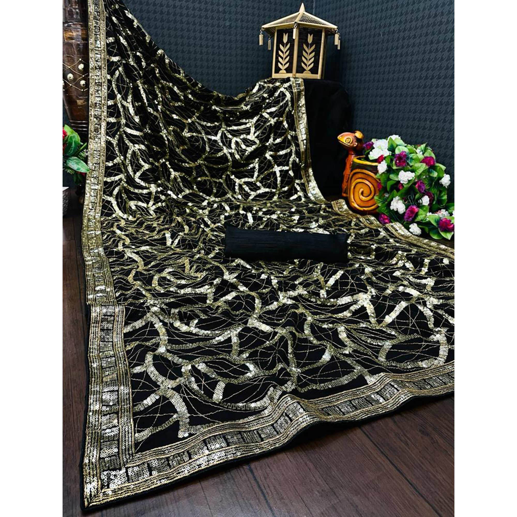 Black Sequins Work Georgette Saree