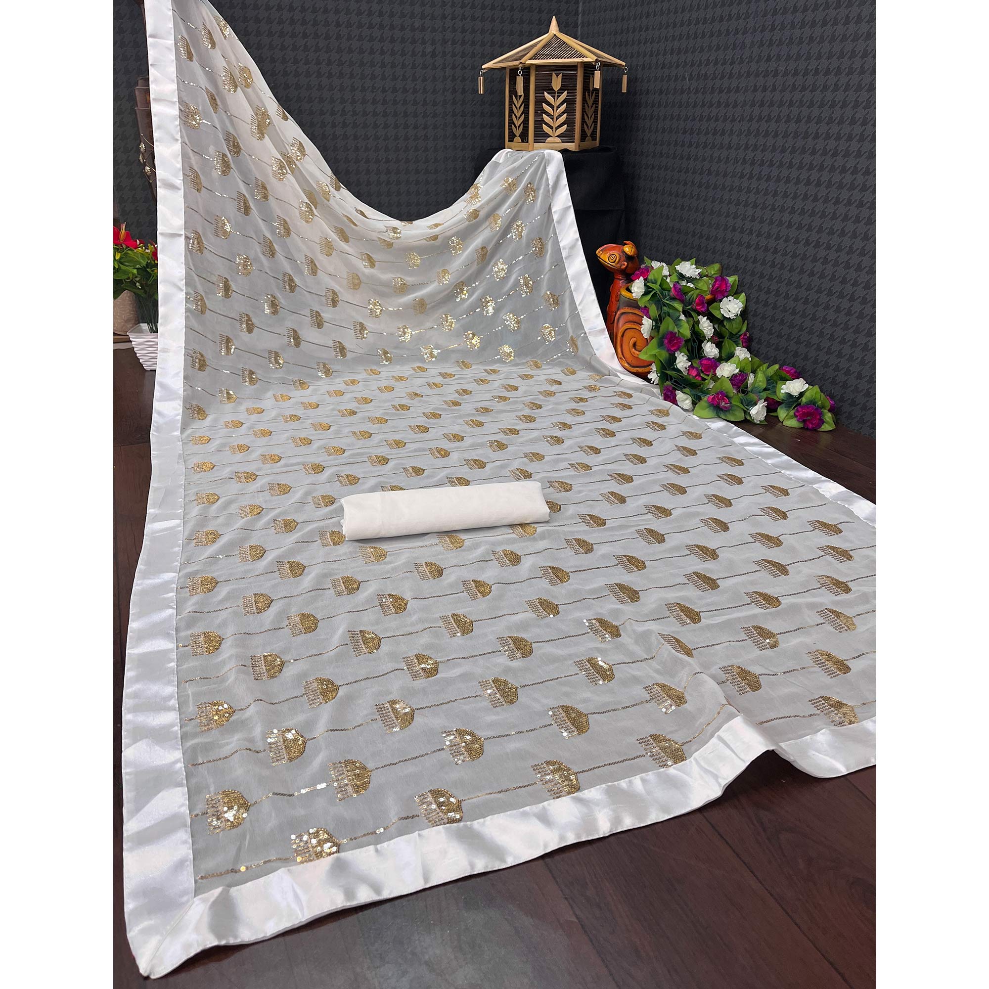 White Sequins Embroidered Georgette Saree