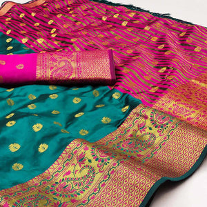 Rama Blue Woven Jacquard Saree With Tassels