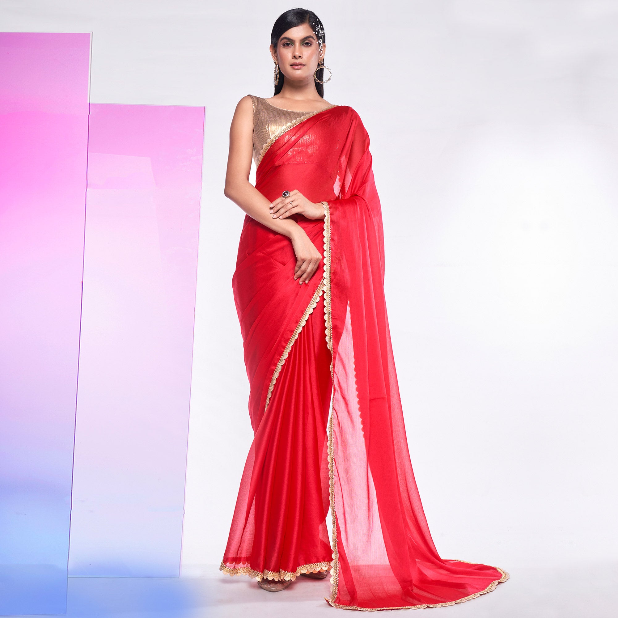 Pink Solid With Embroidered Border Georgette Saree