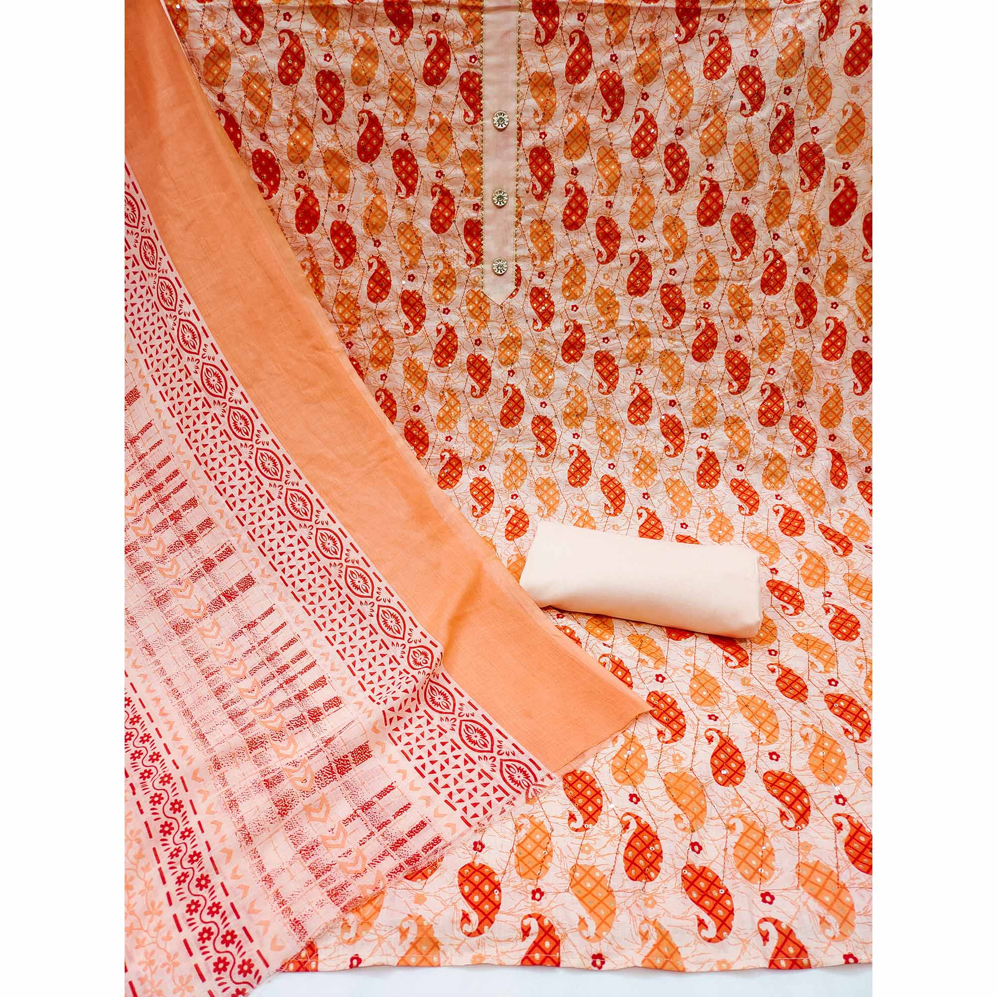 Peach Printed Pure Cotton Dress Material