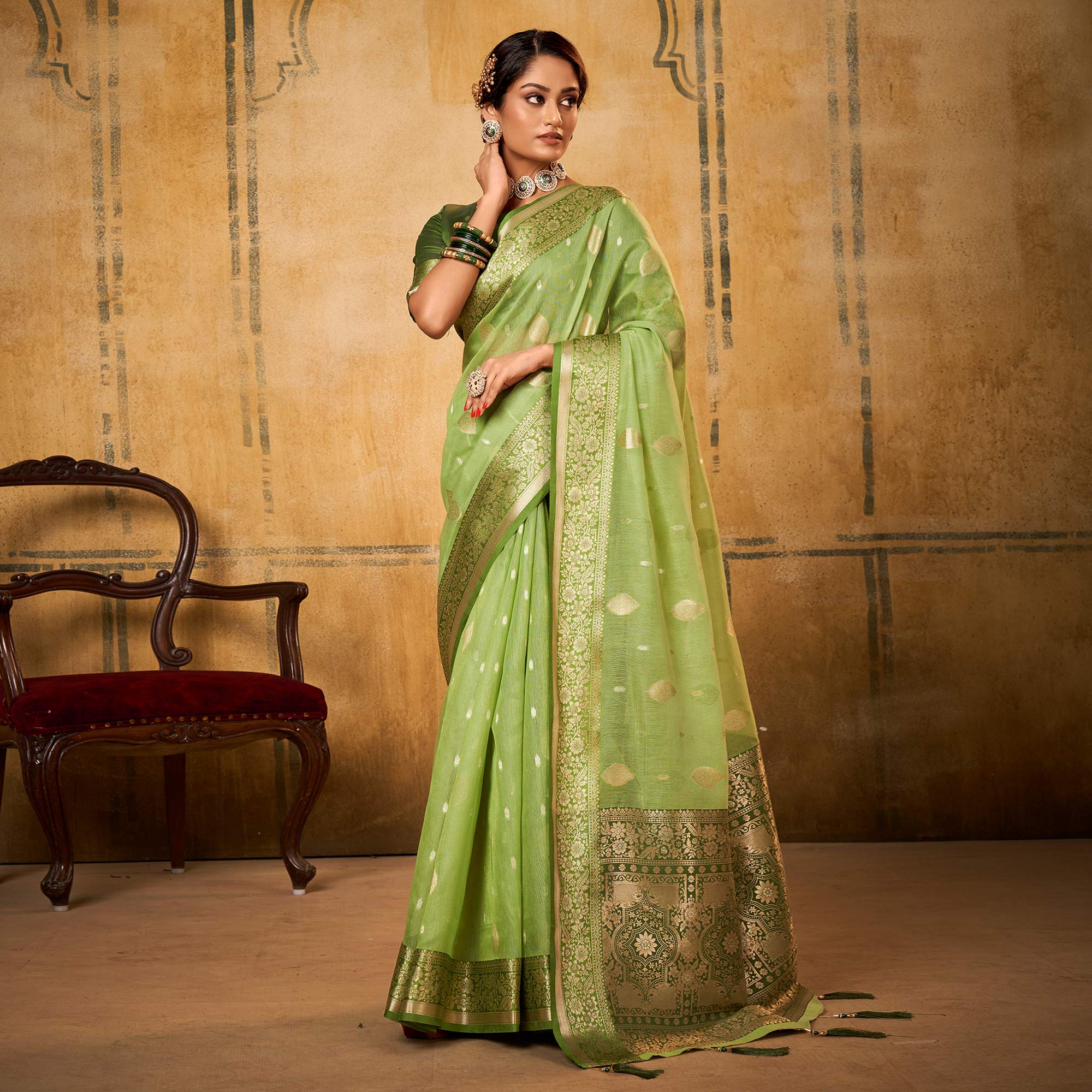 Green Woven Tissue Saree