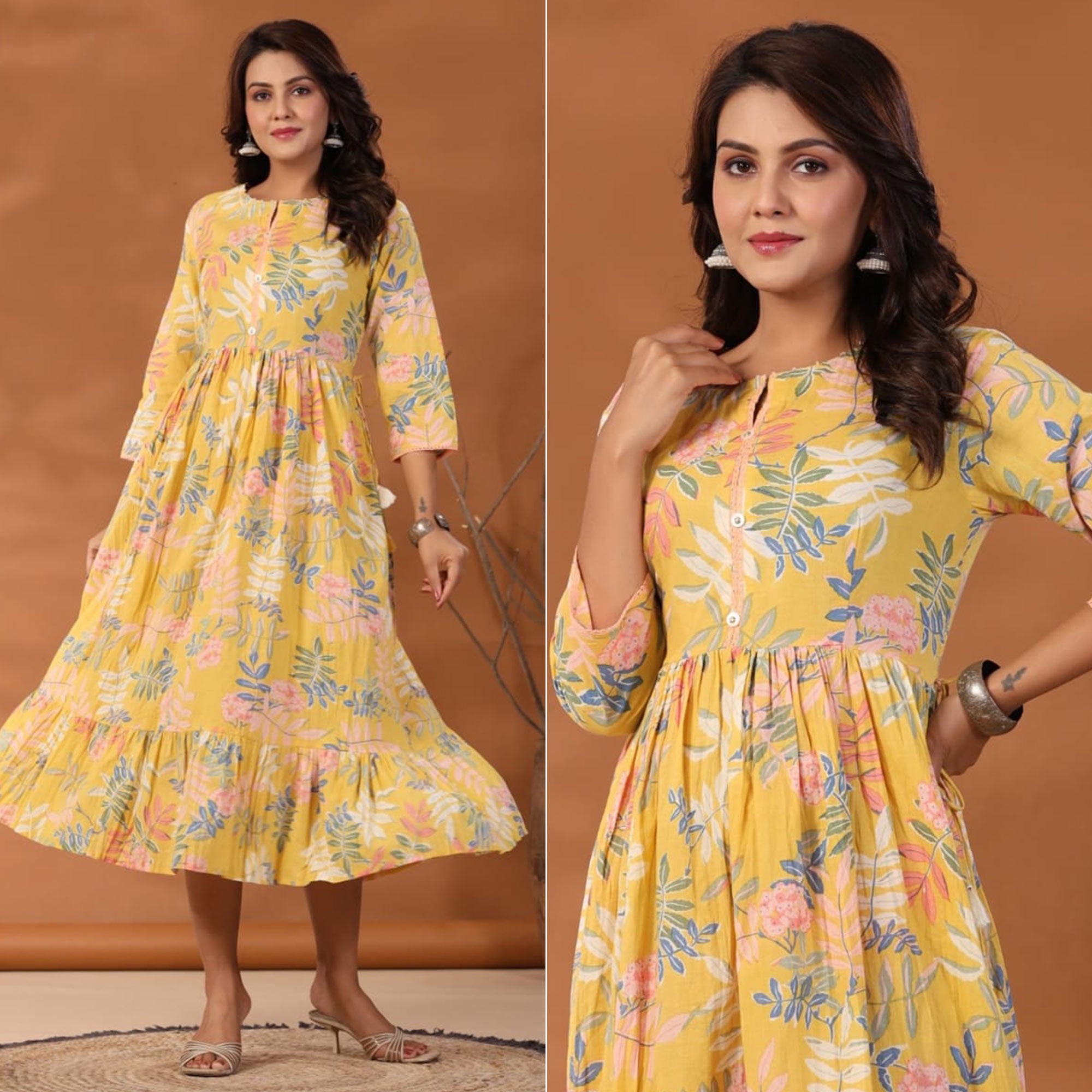 Yellow Floral Printed Pure Cotton Dress