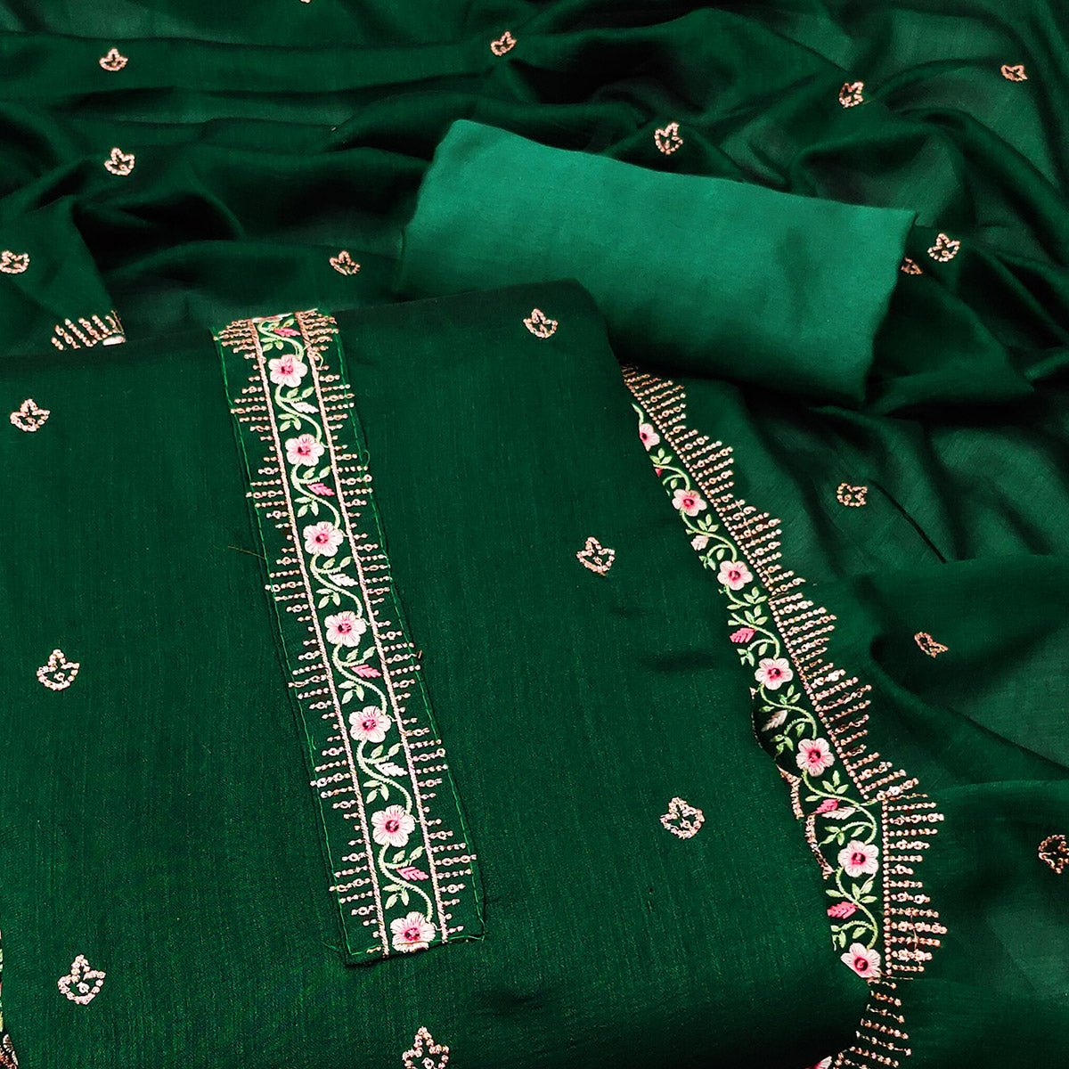 Bottle Green Floral Embroidered Vichitra Silk Dress Material