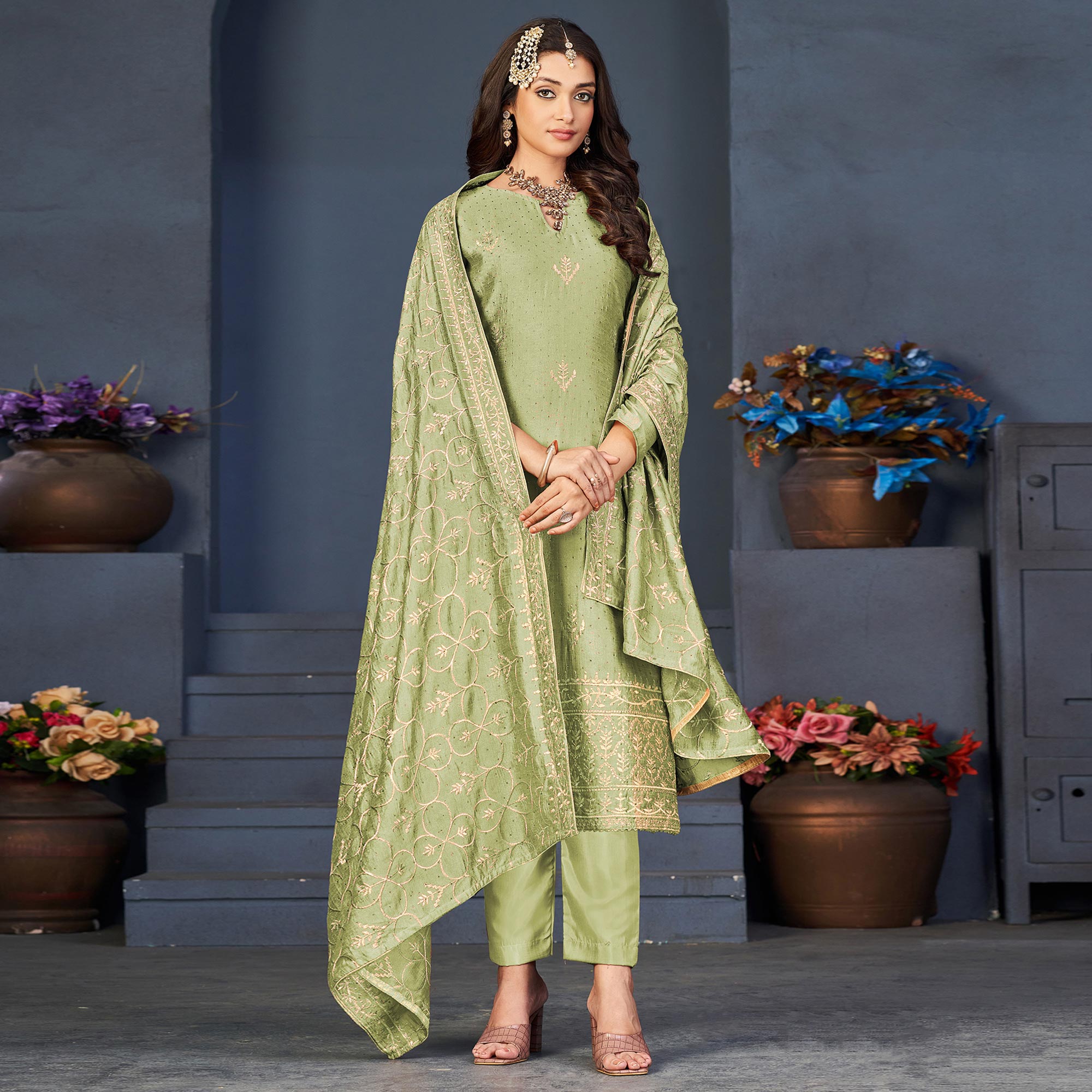 Pista Green Sequins Embroidered Dola Silk Suit