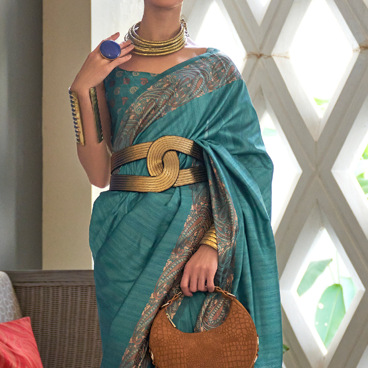 Aqua Blue Woven Tussar Silk Saree With Tassels