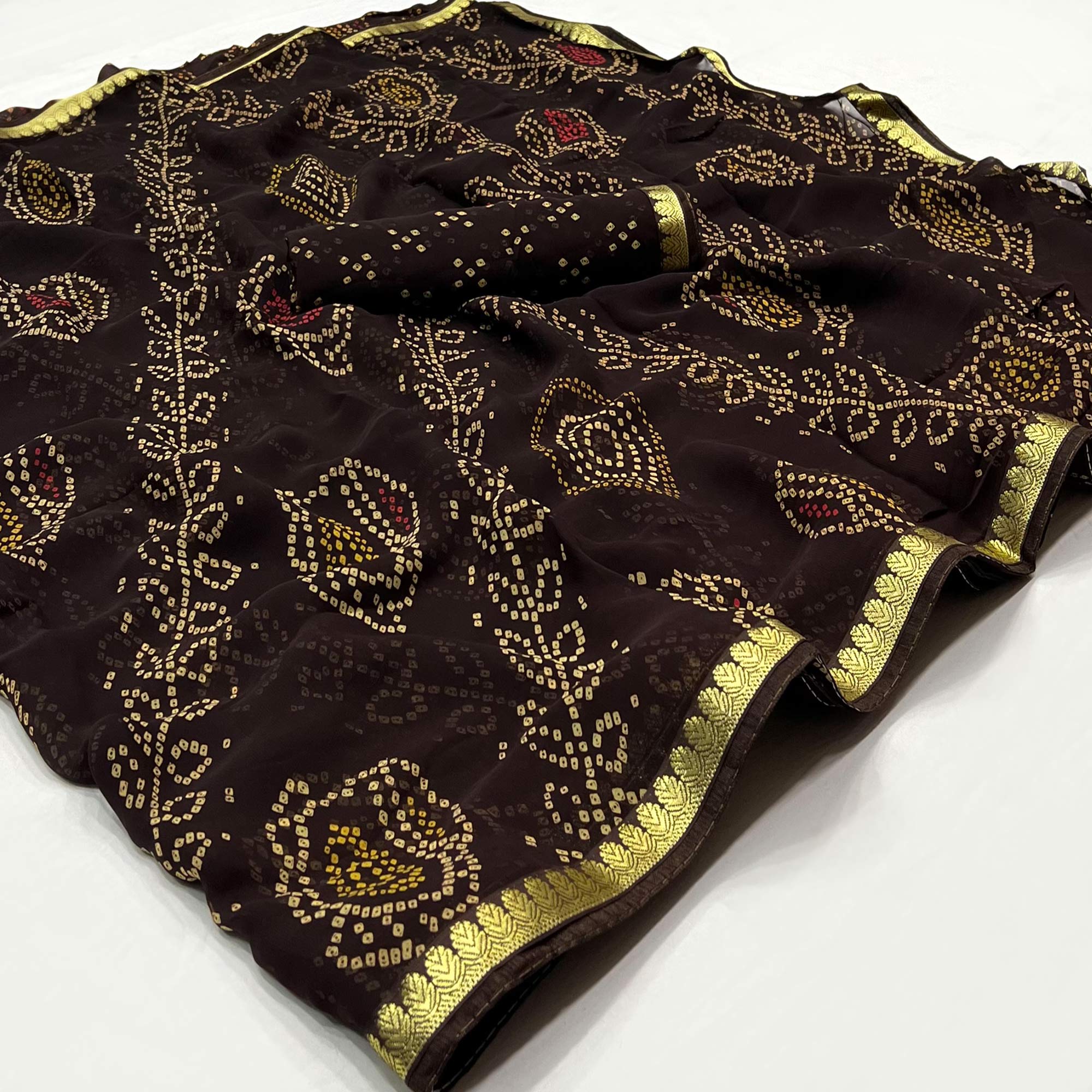 Coffee Bandhani Printed Georgette Saree With Designer Border