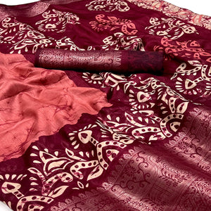 Pink Floral Printed With Woven Dola Silk Saree