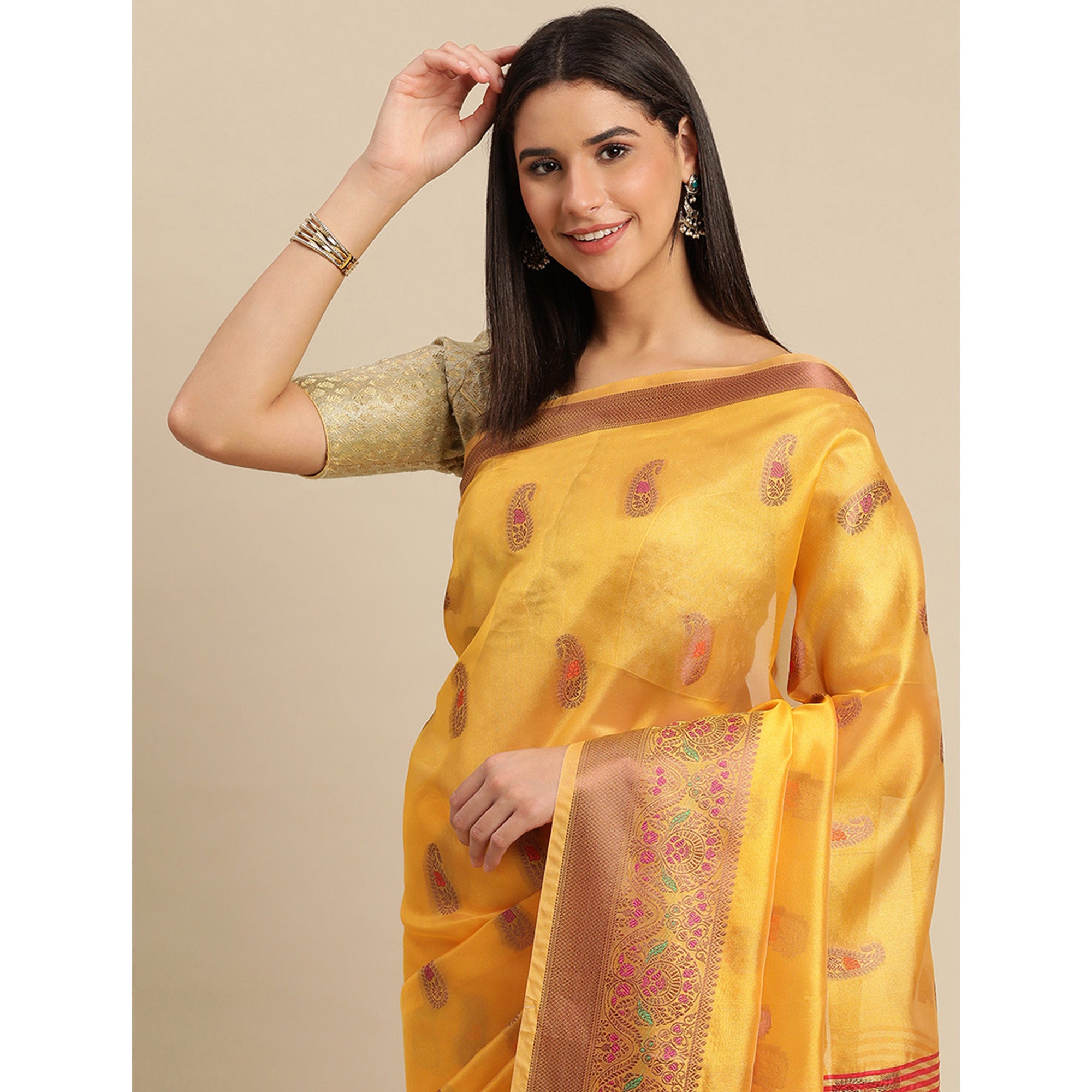 Yellow Woven Organza Saree