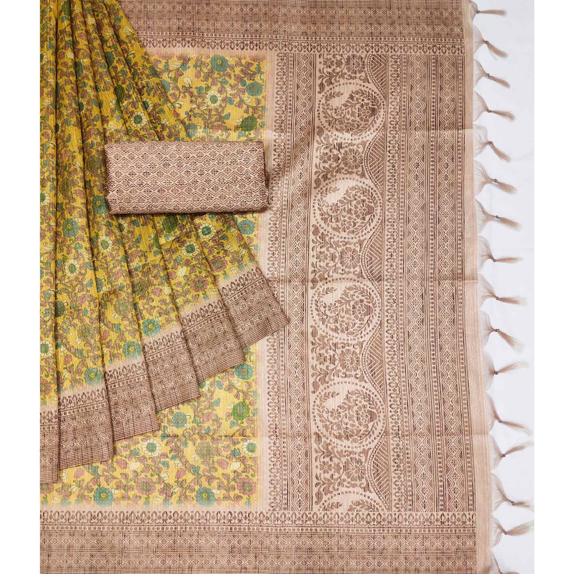 Yellow Floral Printed Cotton Silk Saree With Tassels