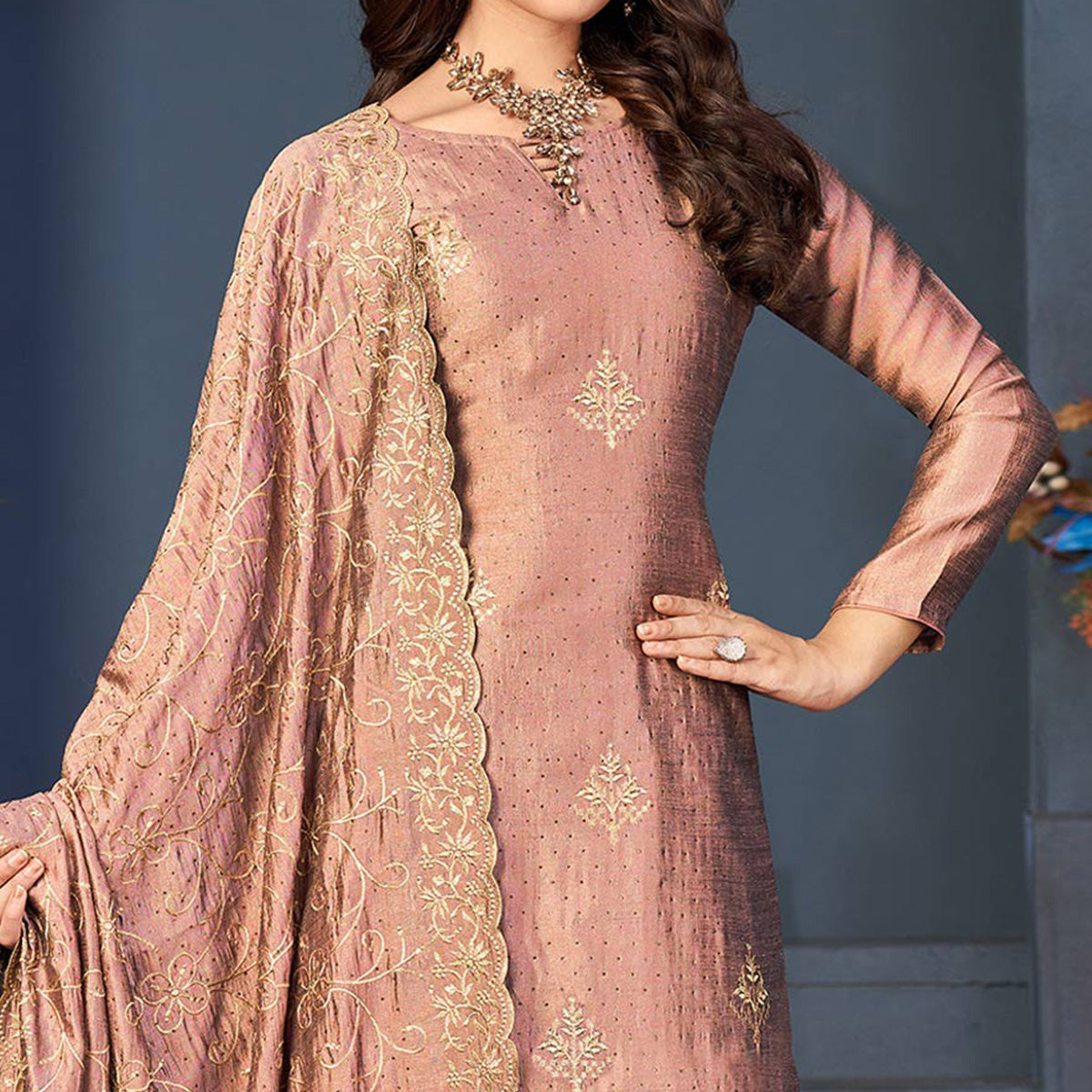 Peach Sequins Embroidered Vichitra Silk Suit