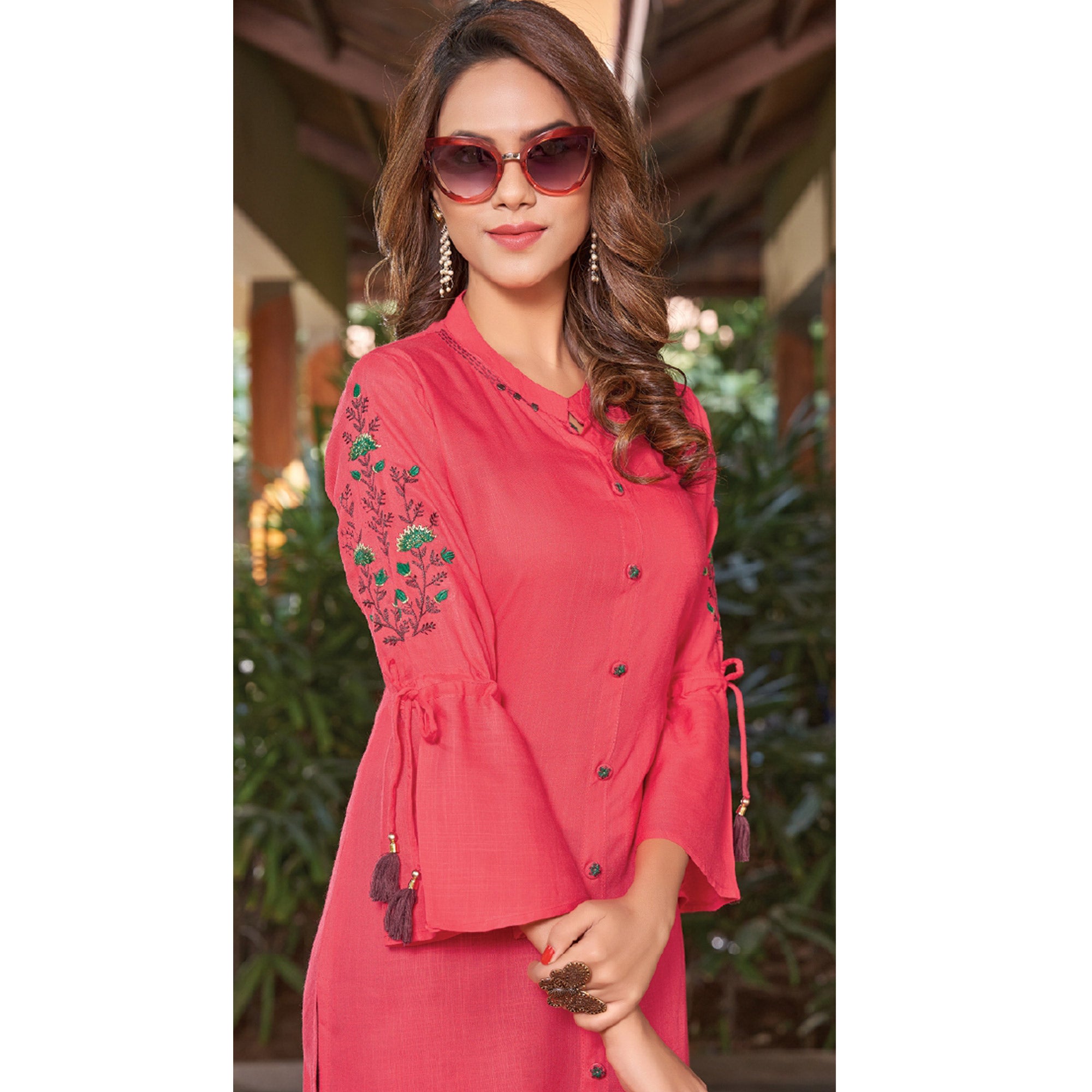 Pink Floral Embroidered Rayon Kurti