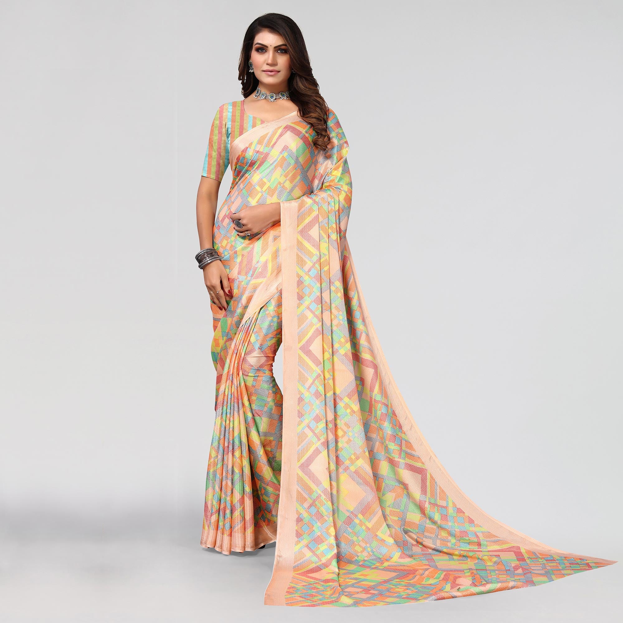 Light Orange Geometric Printed Chiffon Saree