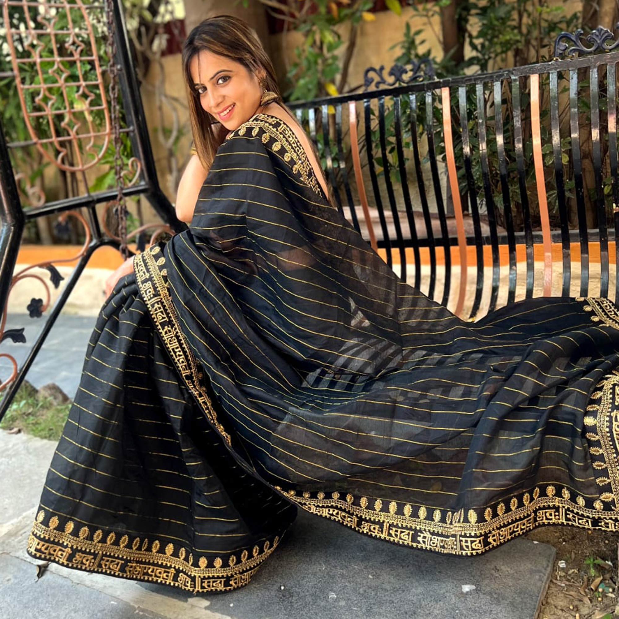Black Striped With Embroidered Border Modal Saree