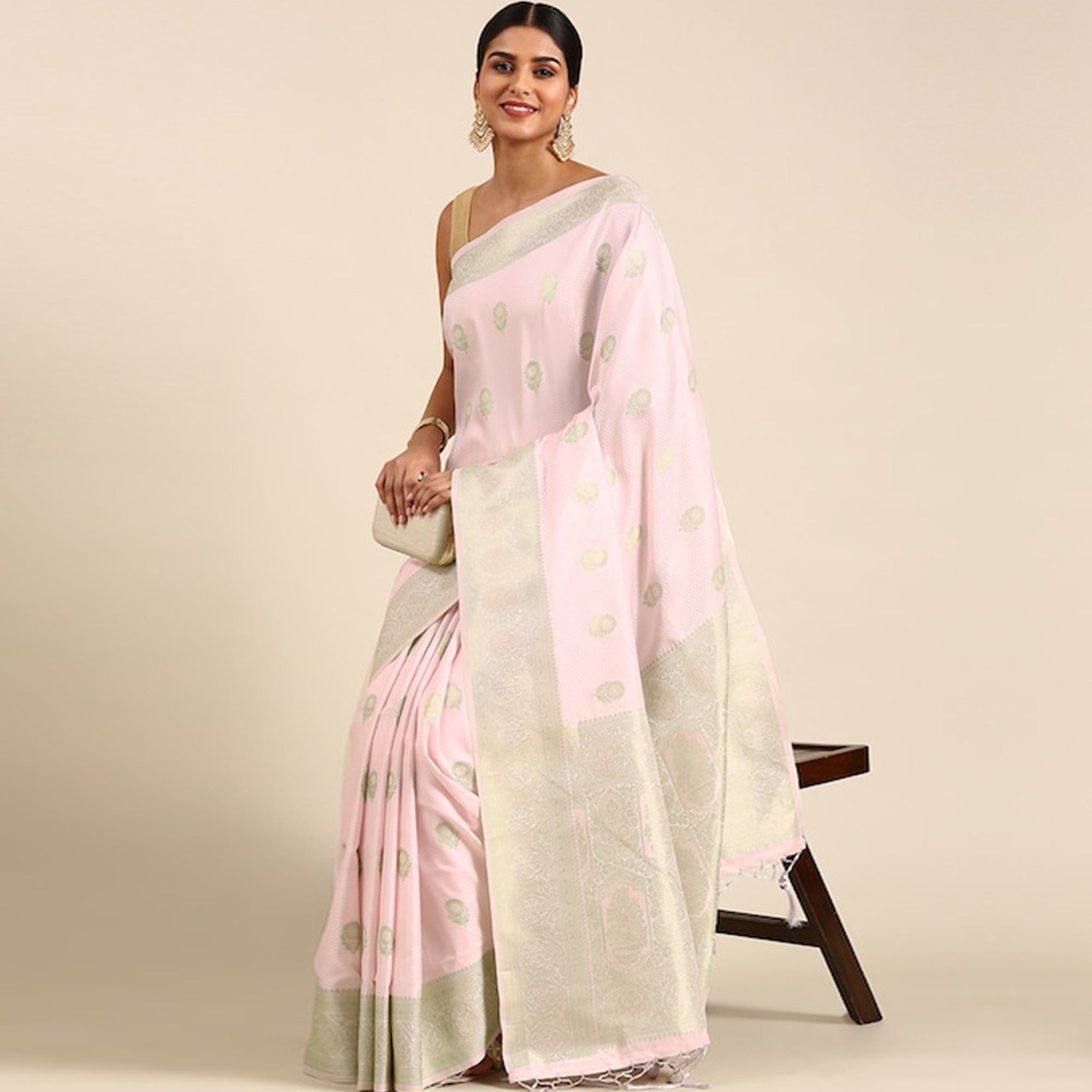 Pink Woven Kanjivaram Silk Saree WithTassels