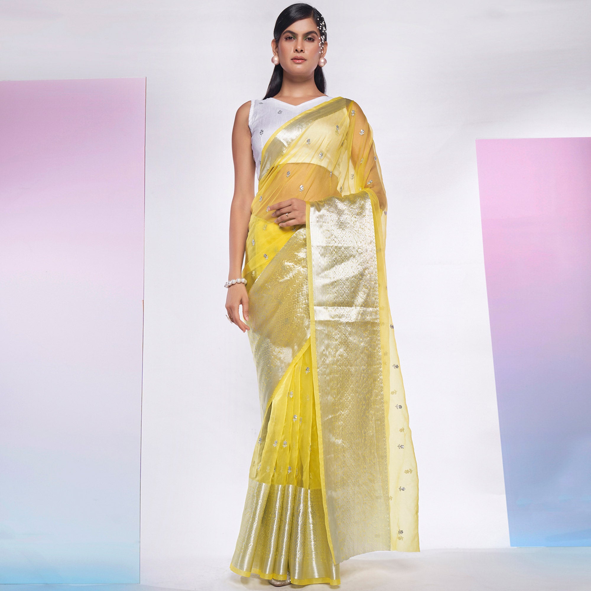 Lemon Yellow Sequins Floral Embroidered Organza Saree