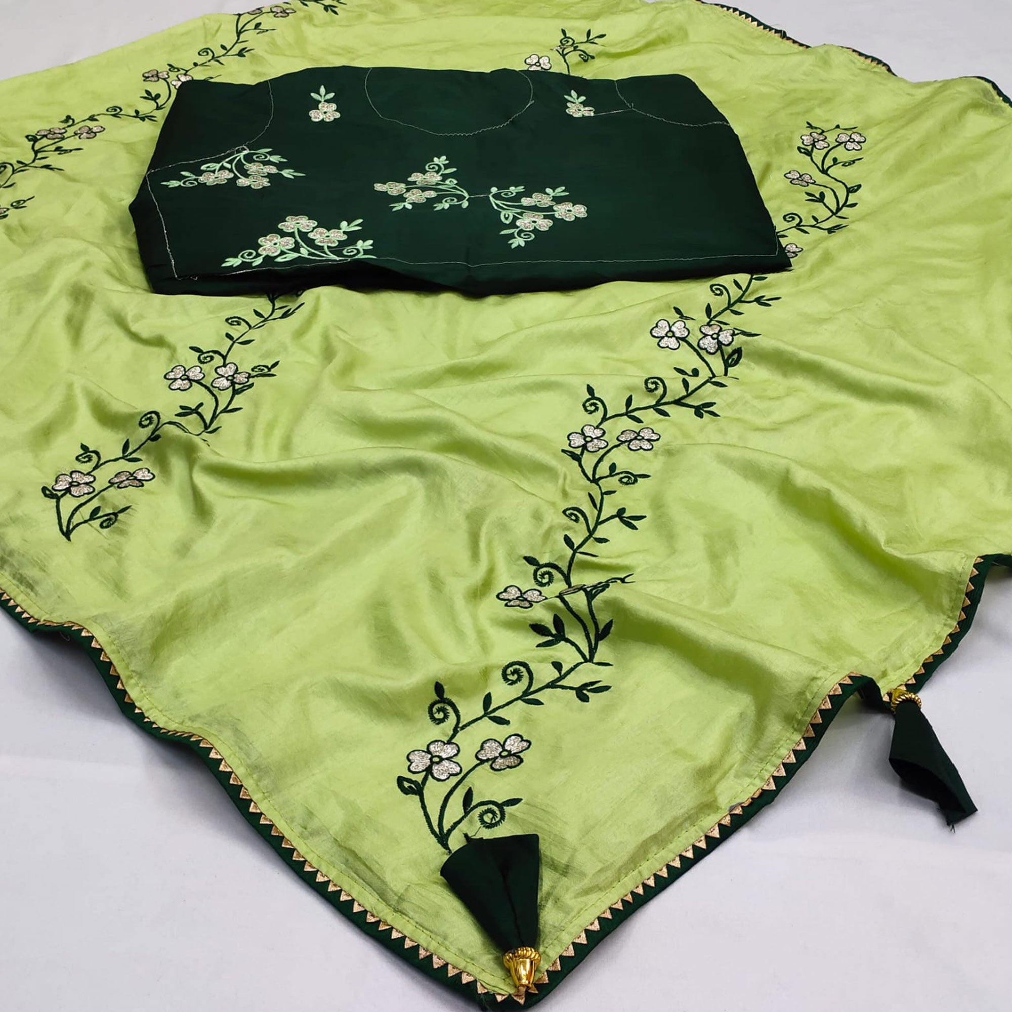 Pista Green Floral Embroidered Dola Silk Saree