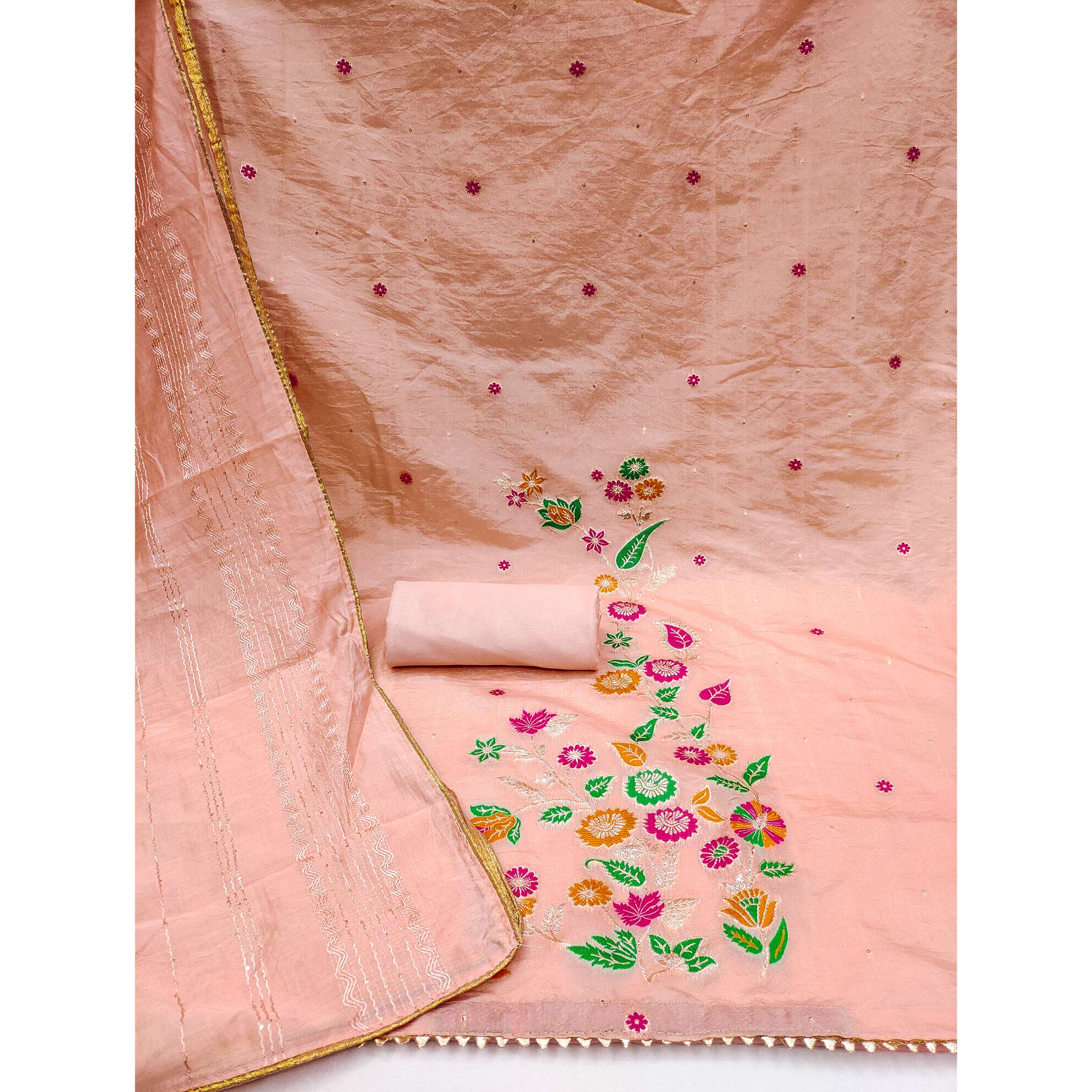 Peach Floral Woven Banarasi Silk Dress Material