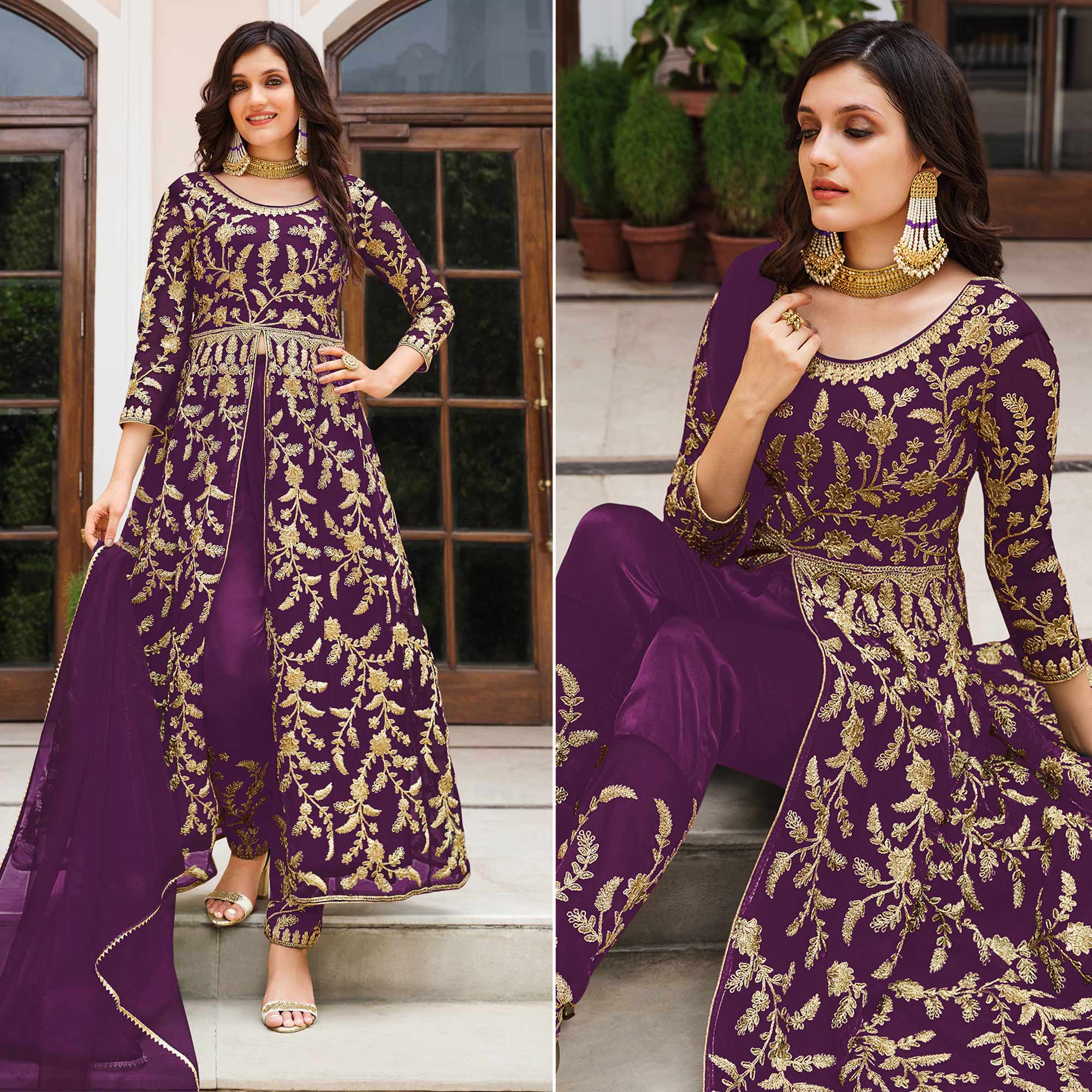 Purple Floral Embroidered Net Suit