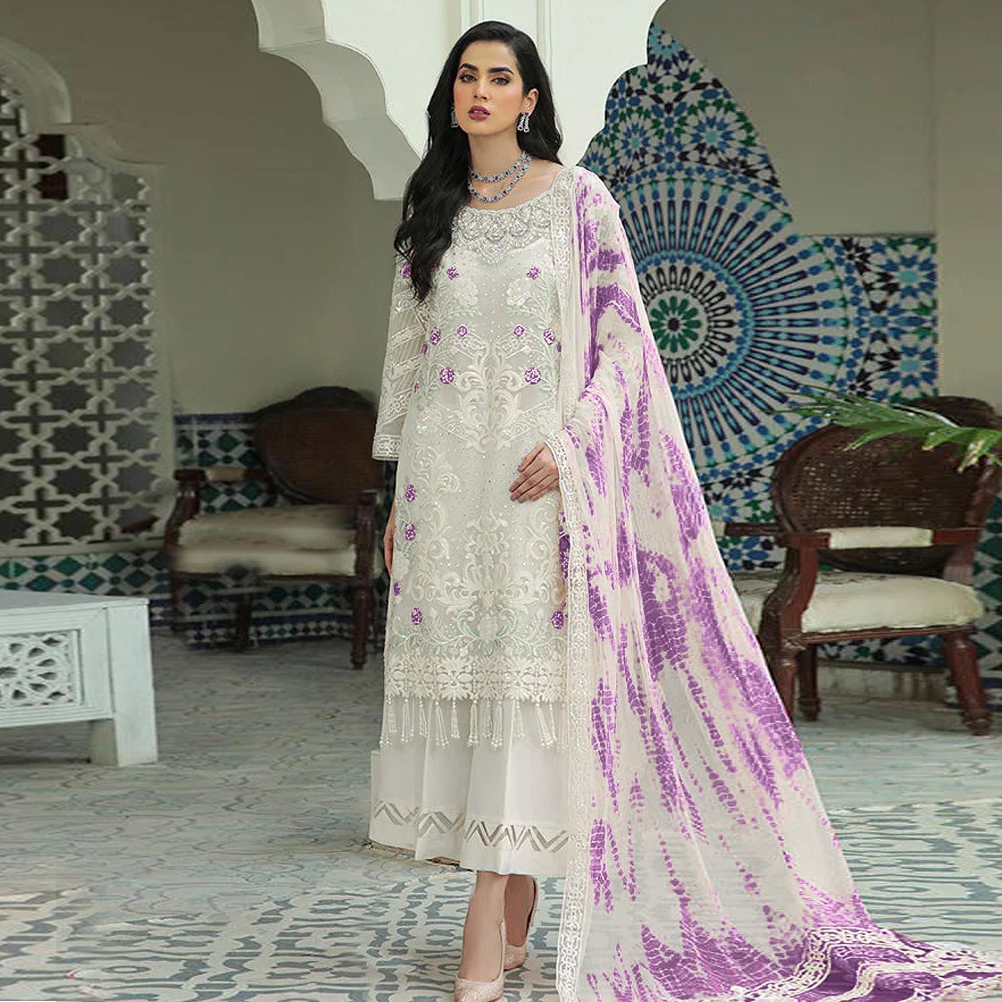 White Sequins Embroidered Georgette Pakistani Suit