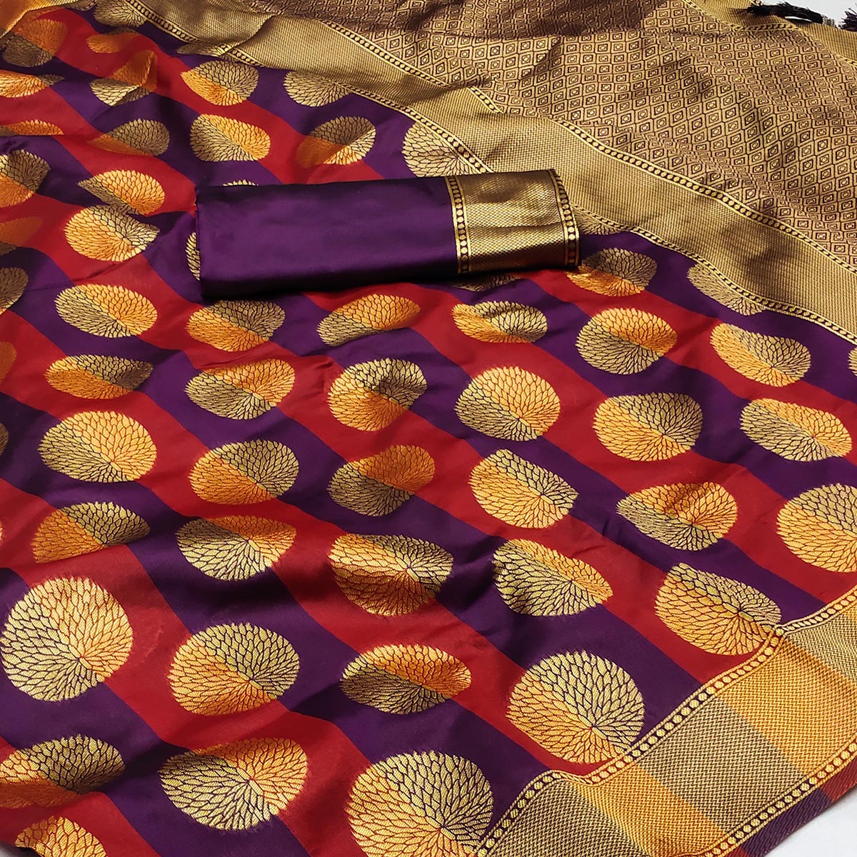 Purple And Maroon Woven Jacquard Saree With Tassels