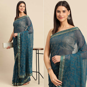 Blue Floral Foil Printed Shimmer Saree